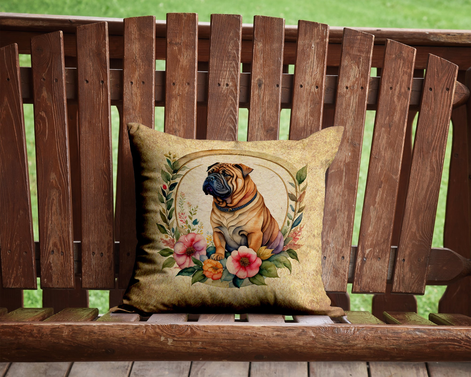 Shar Pei and Flowers Fabric Decorative Pillow