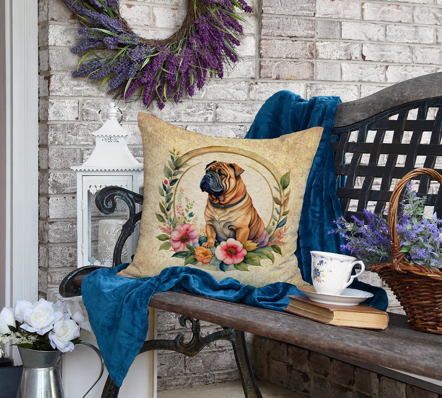 Shar Pei and Flowers Fabric Decorative Pillow