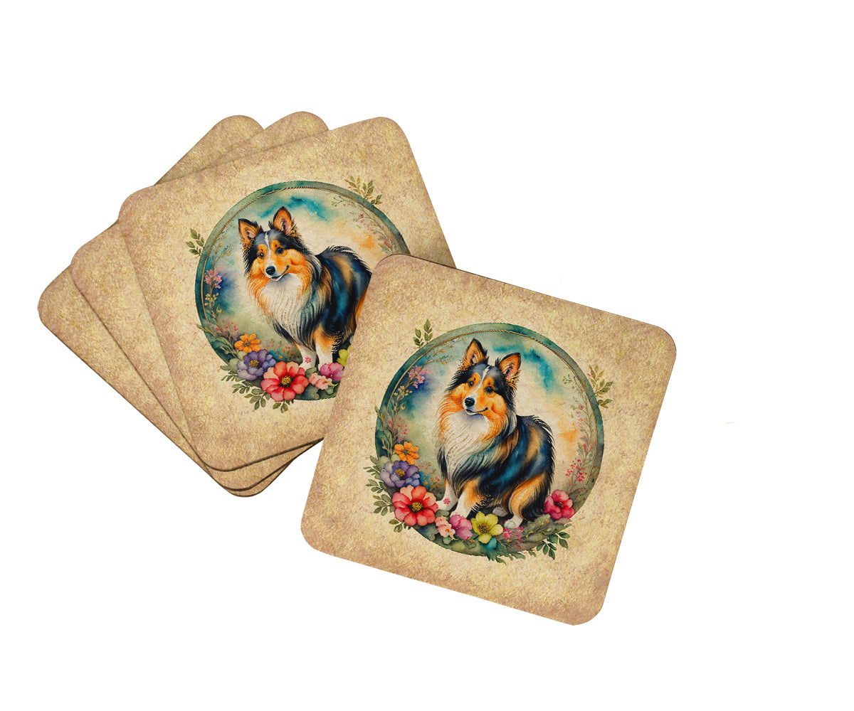 Buy this Sheltie and Flowers Foam Coasters