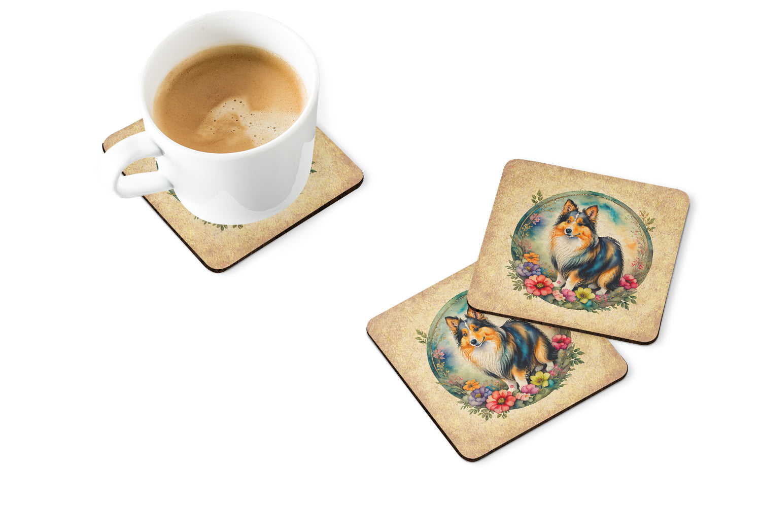 Buy this Sheltie and Flowers Foam Coasters