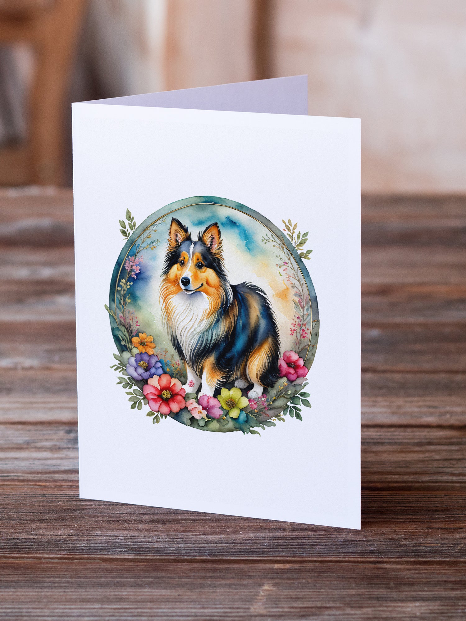 Sheltie and Flowers Greeting Cards and Envelopes Pack of 8