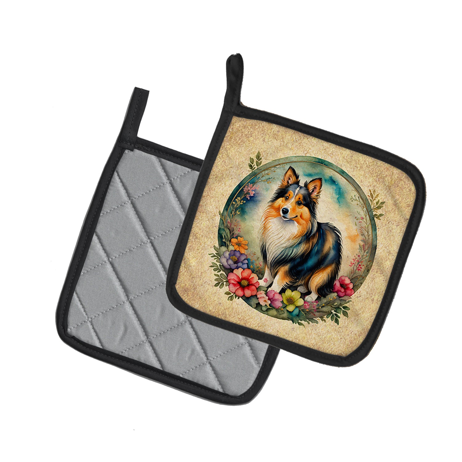 Sheltie and Flowers Pair of Pot Holders