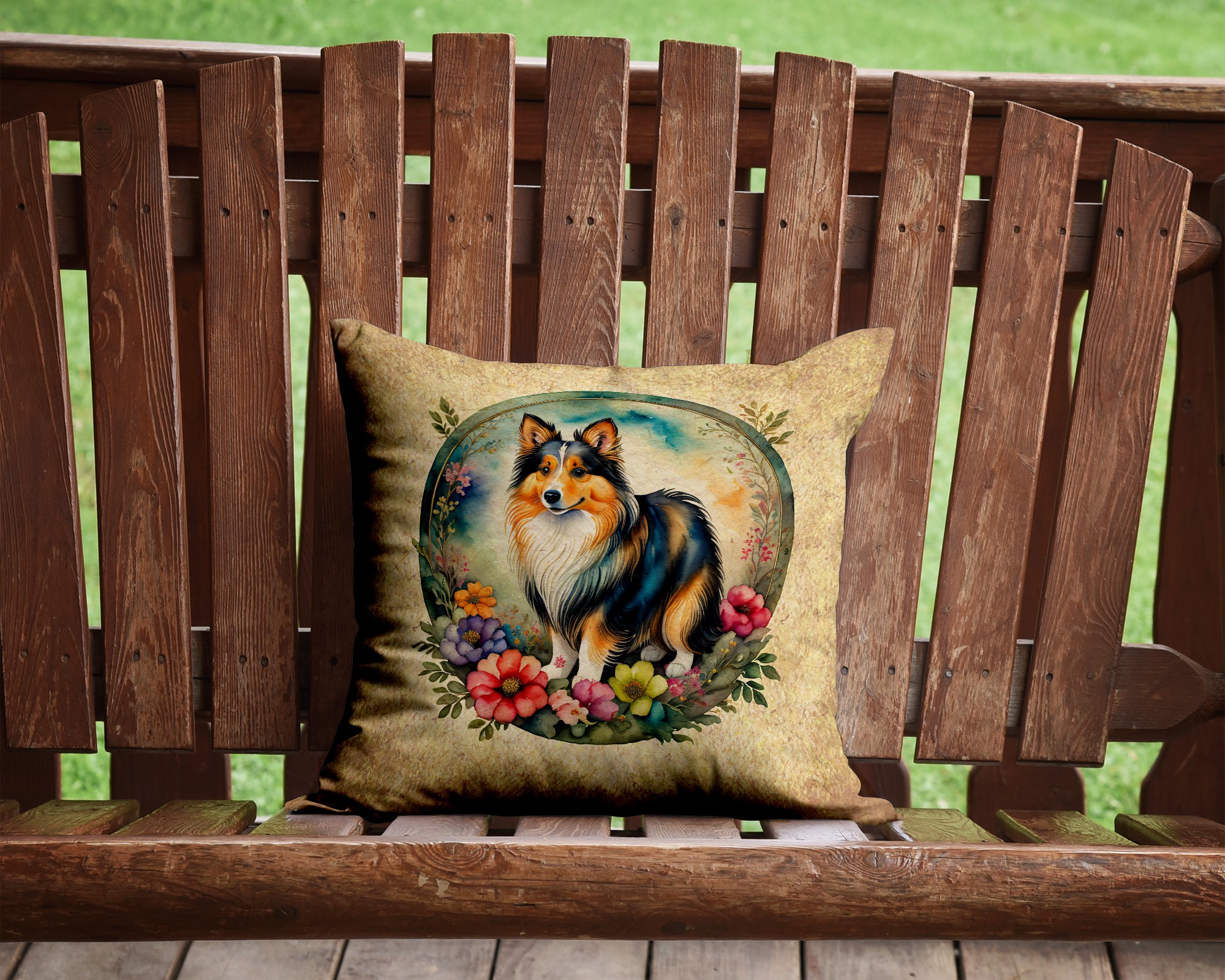 Sheltie and Flowers Fabric Decorative Pillow