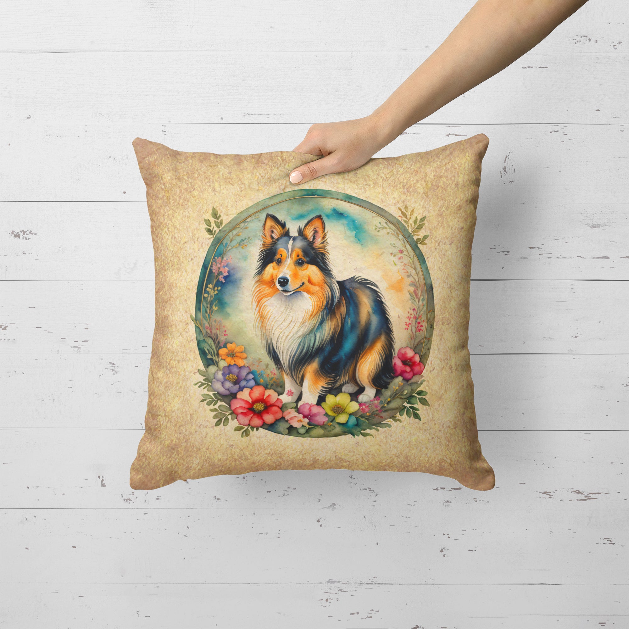 Sheltie and Flowers Fabric Decorative Pillow