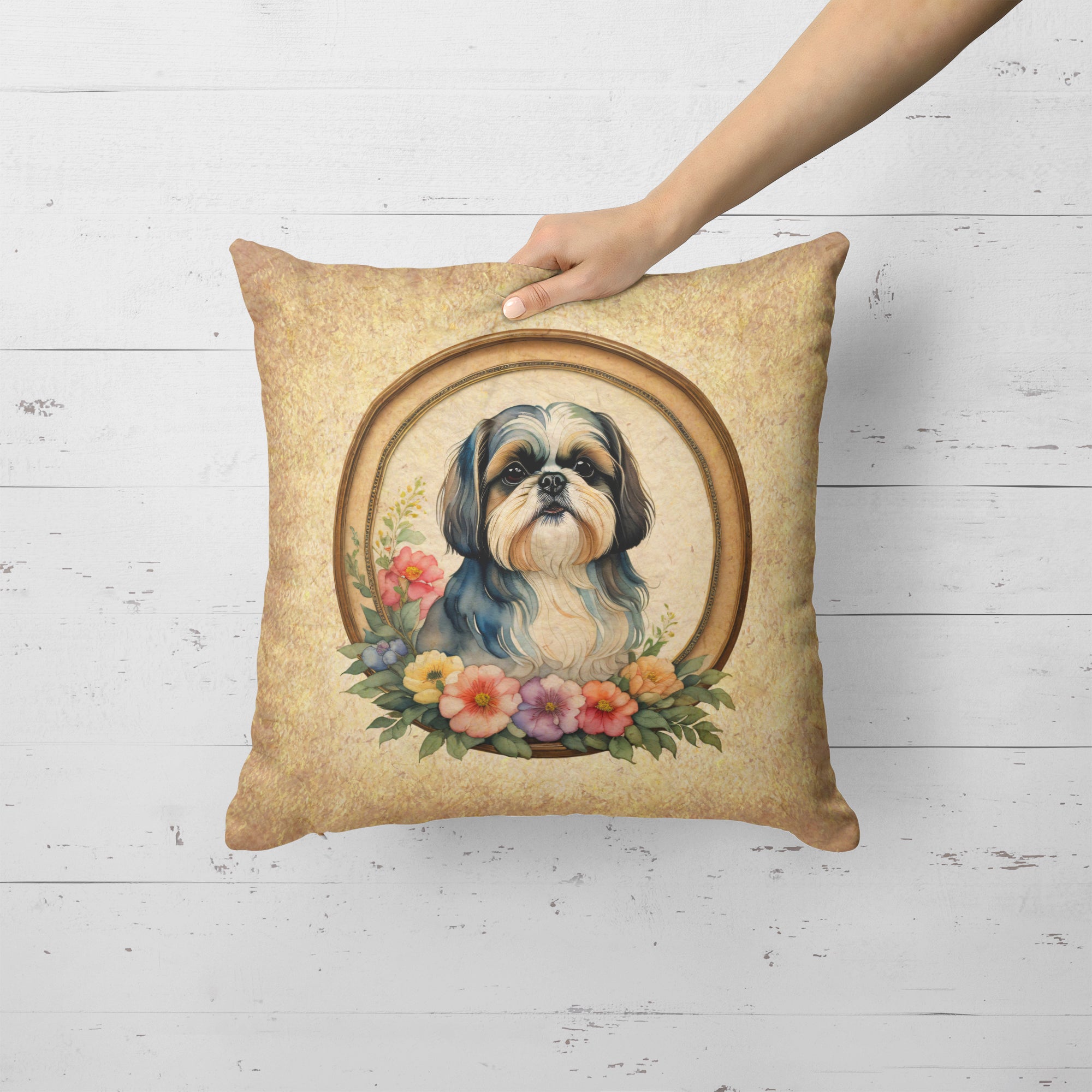 Shih Tzu and Flowers Fabric Decorative Pillow