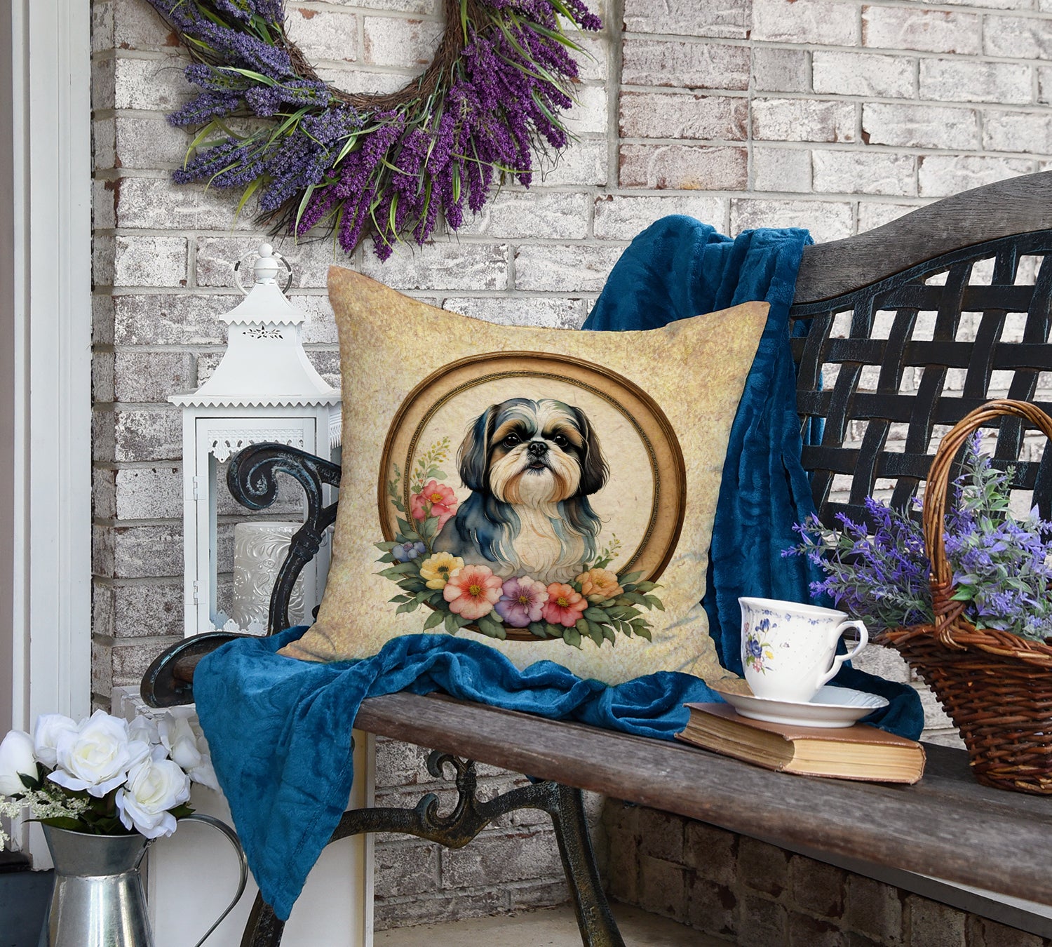 Shih Tzu and Flowers Fabric Decorative Pillow