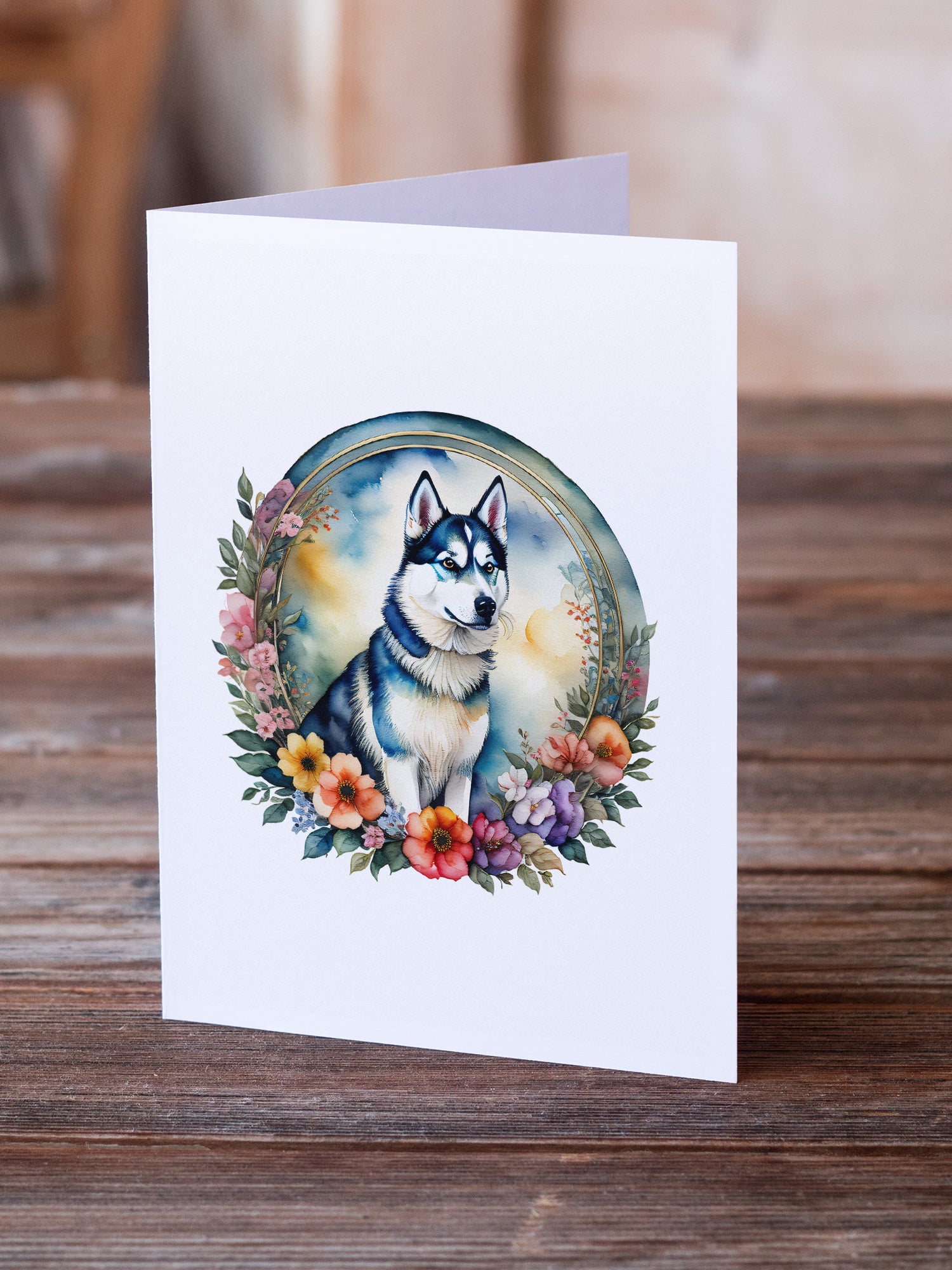 Siberian Husky and Flowers Greeting Cards and Envelopes Pack of 8