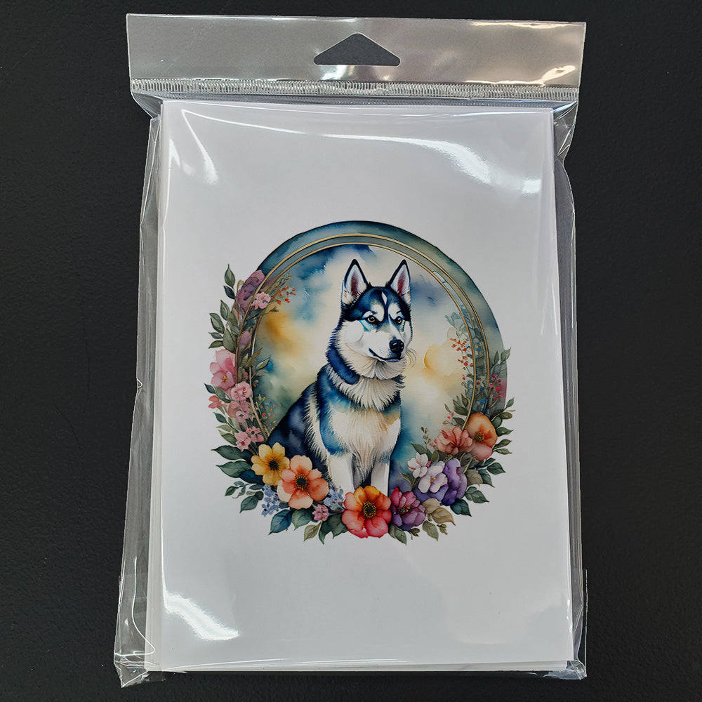 Siberian Husky and Flowers Greeting Cards and Envelopes Pack of 8