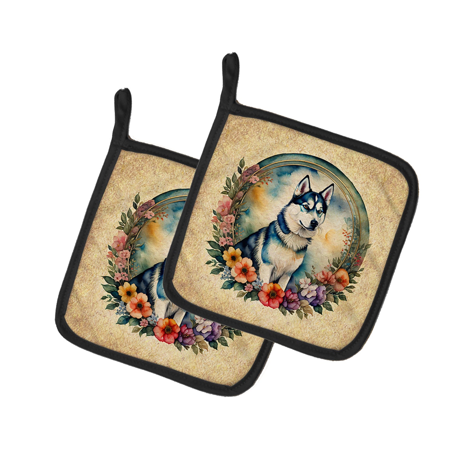 Buy this Siberian Husky and Flowers Pair of Pot Holders