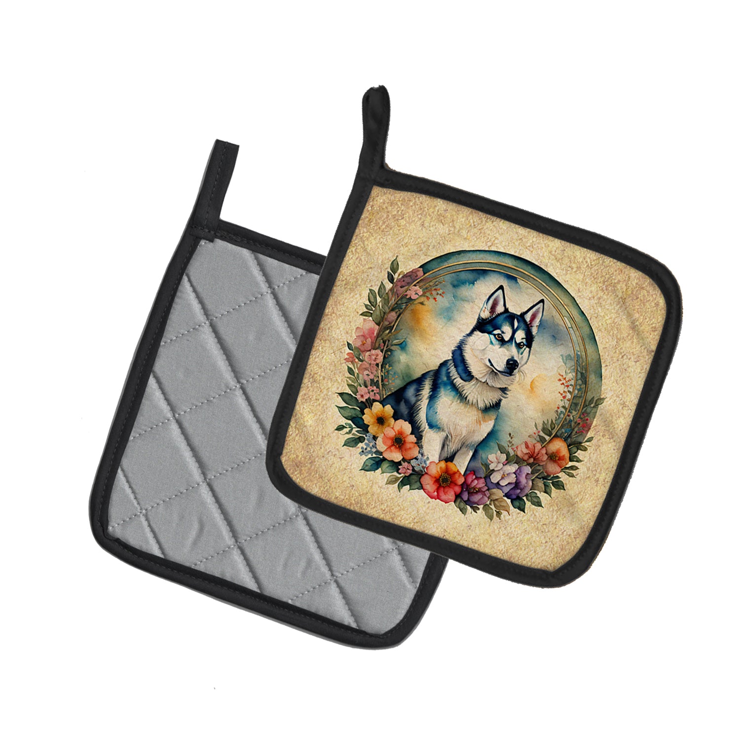 Siberian Husky and Flowers Pair of Pot Holders