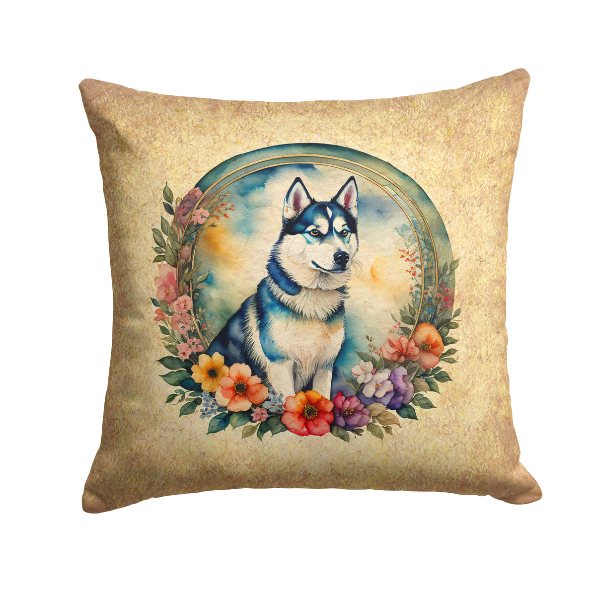 Buy this Siberian Husky and Flowers Fabric Decorative Pillow