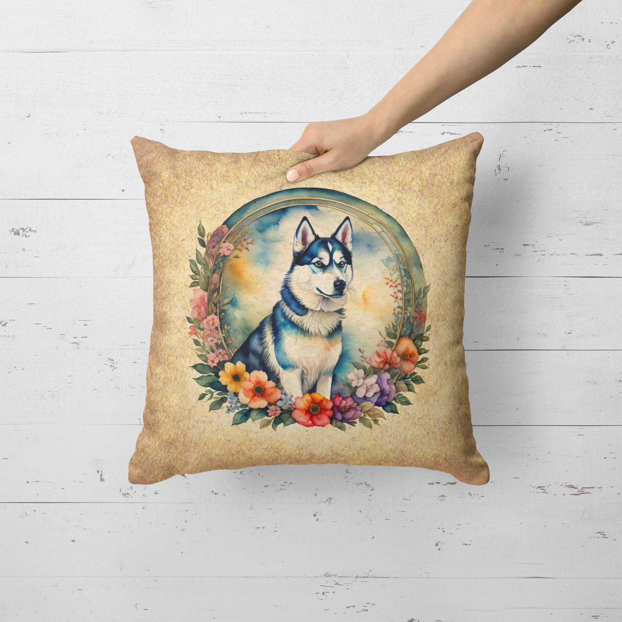 Siberian Husky and Flowers Fabric Decorative Pillow
