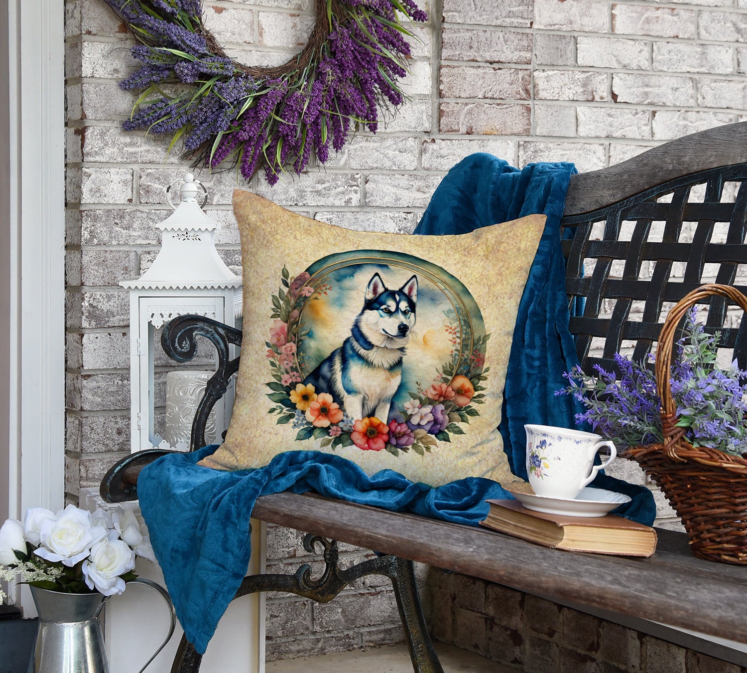 Siberian Husky and Flowers Fabric Decorative Pillow