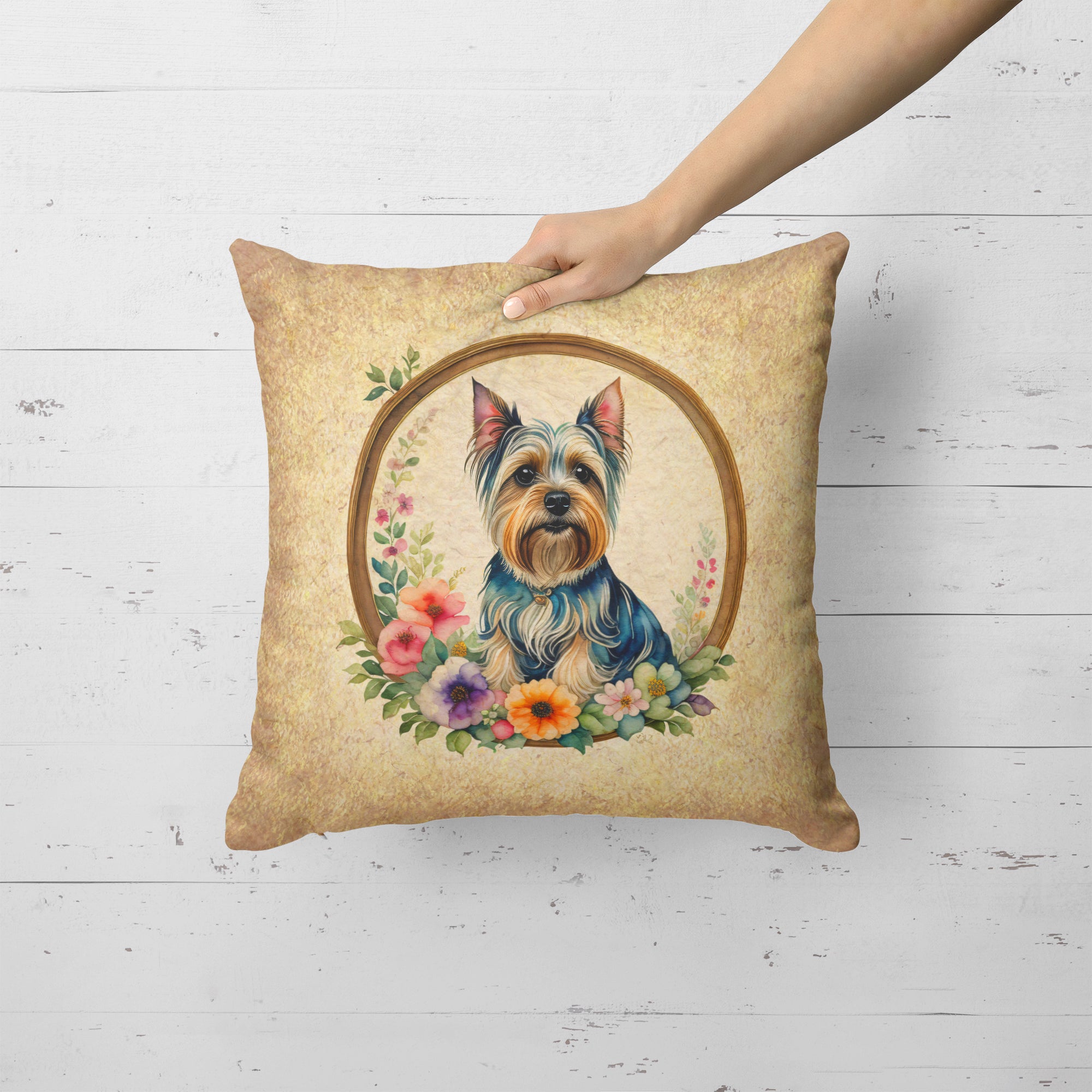 Silky Terrier and Flowers Fabric Decorative Pillow