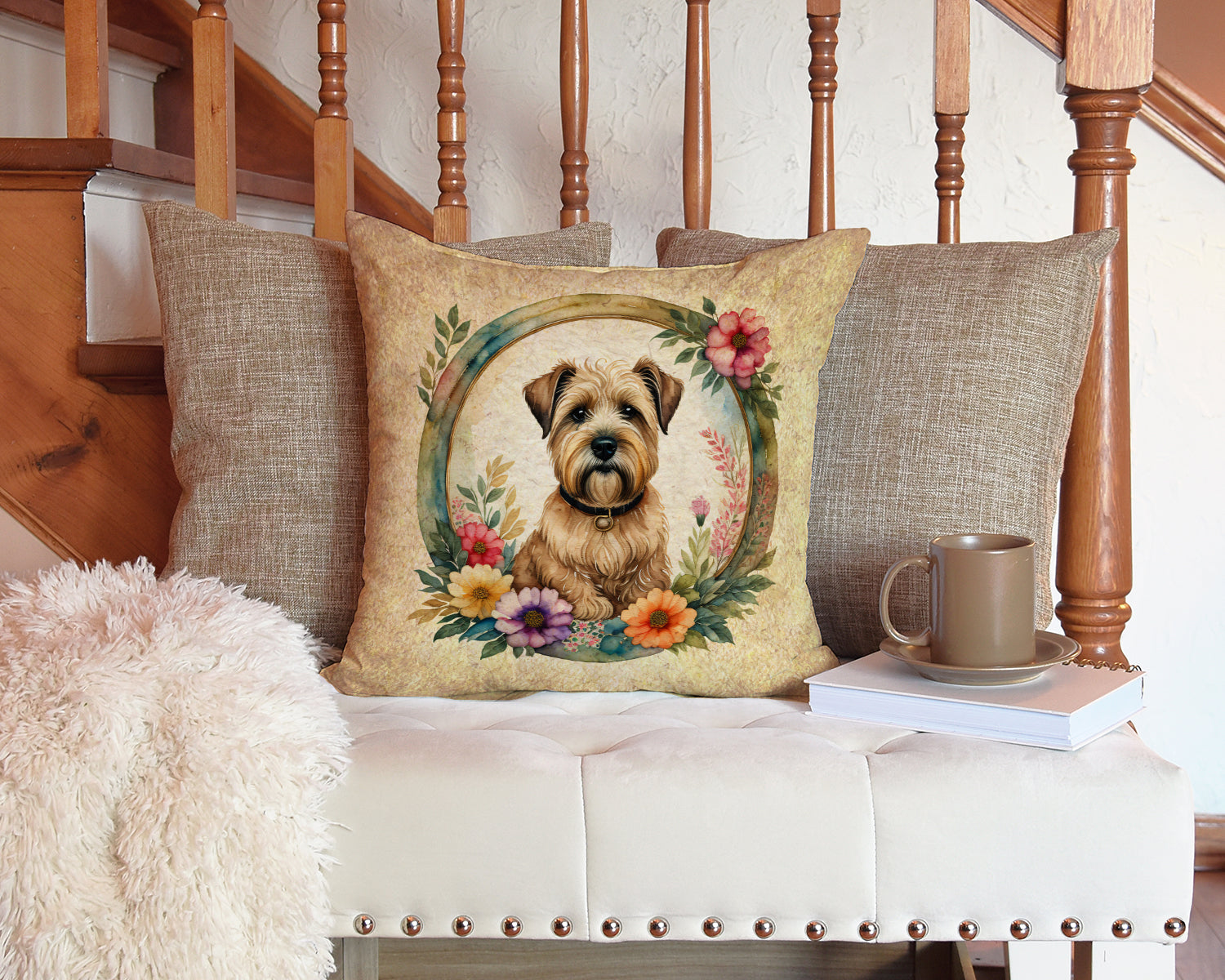 Wheaten Terrier and Flowers Fabric Decorative Pillow