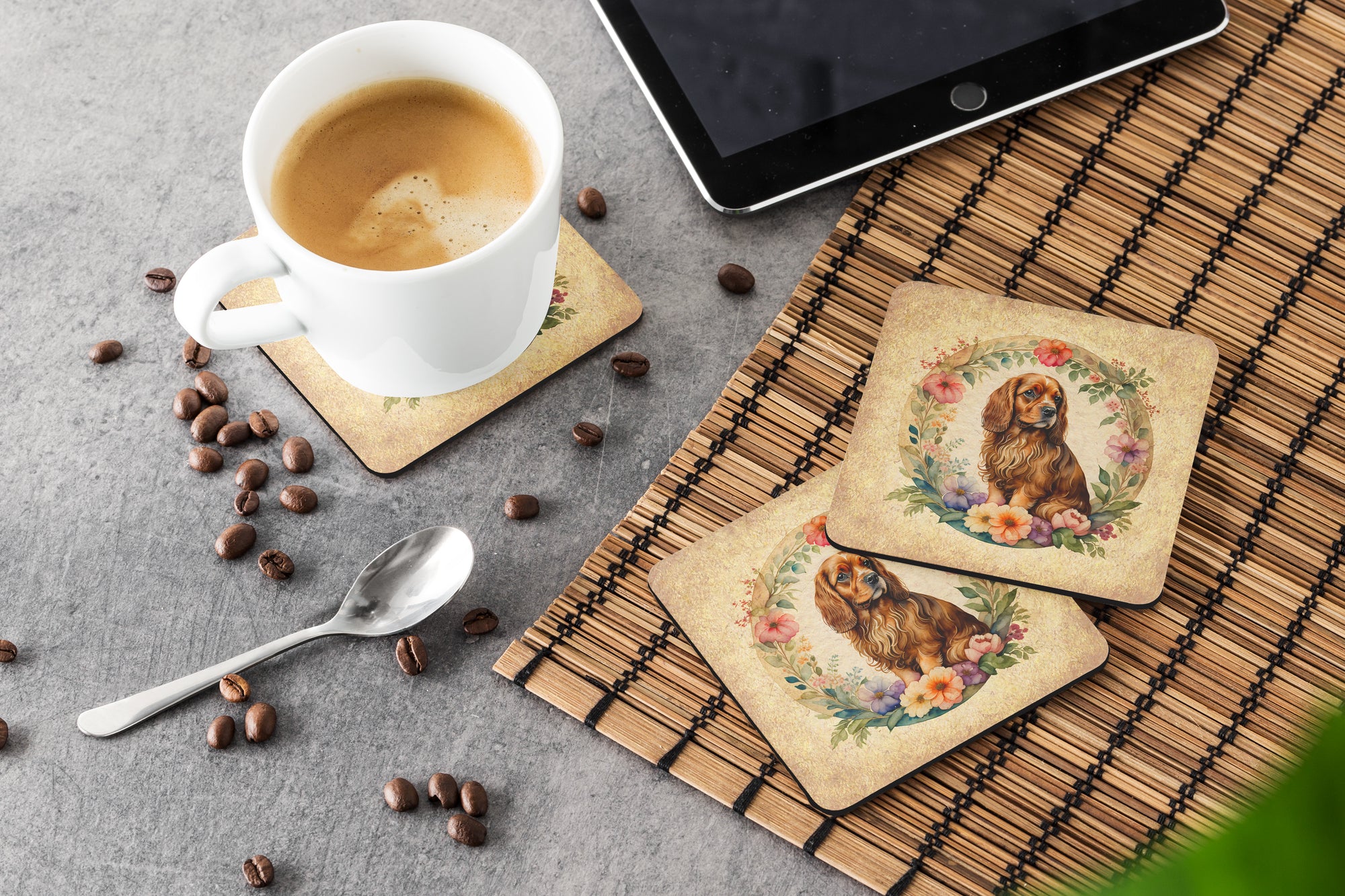 Sussex Spaniel and Flowers Foam Coasters