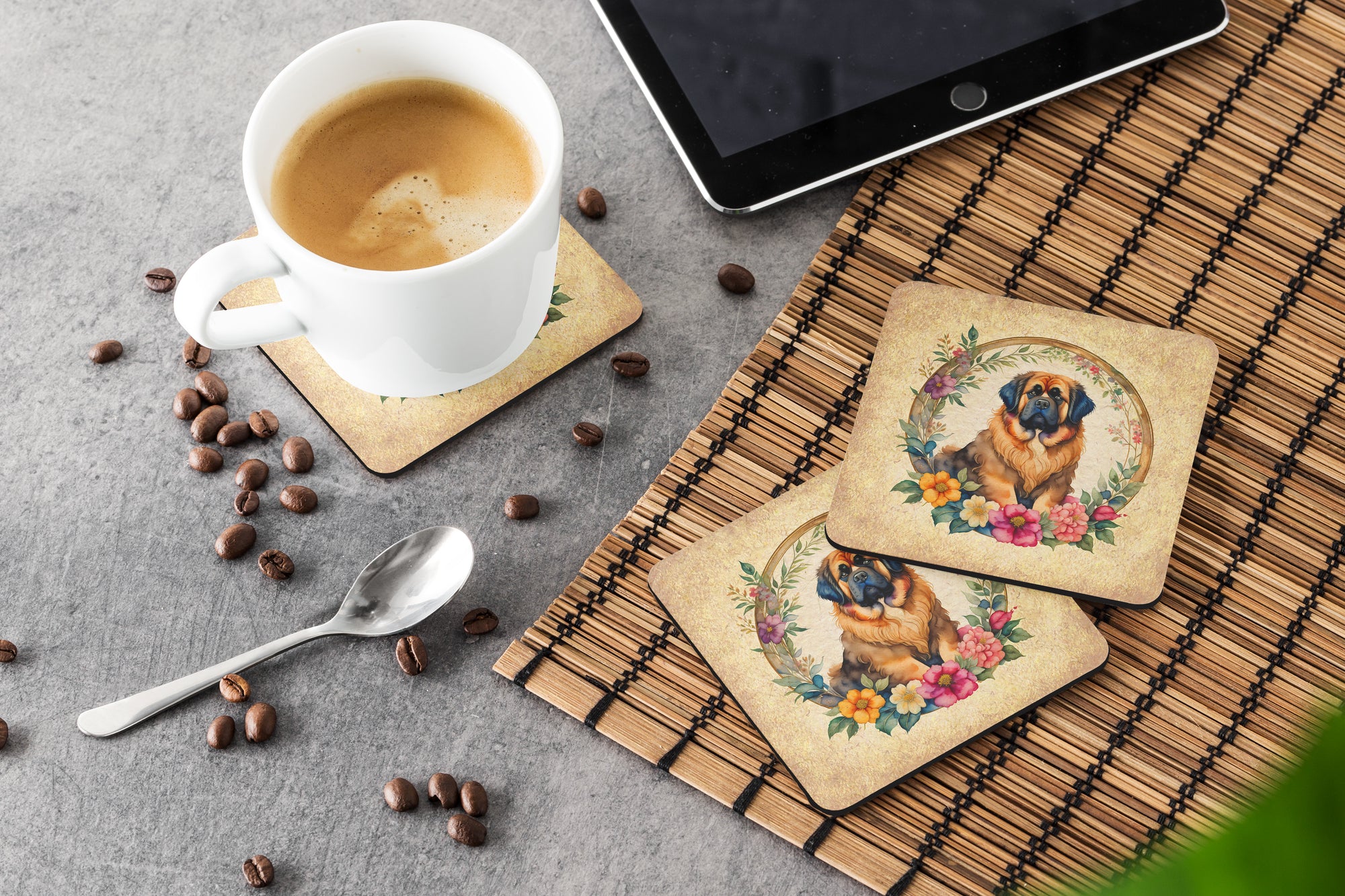 Tibetan Mastiff and Flowers Foam Coasters