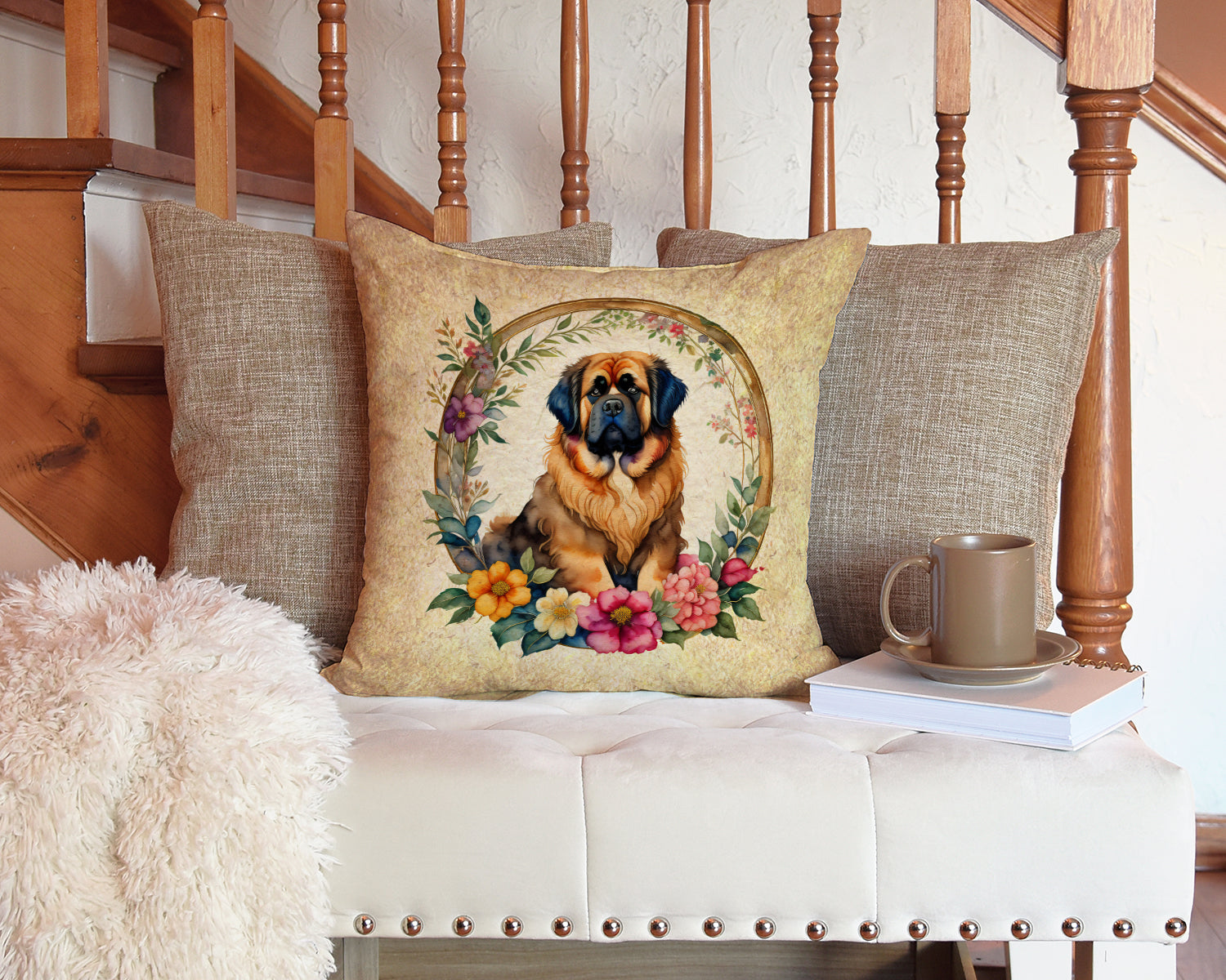Tibetan Mastiff and Flowers Fabric Decorative Pillow