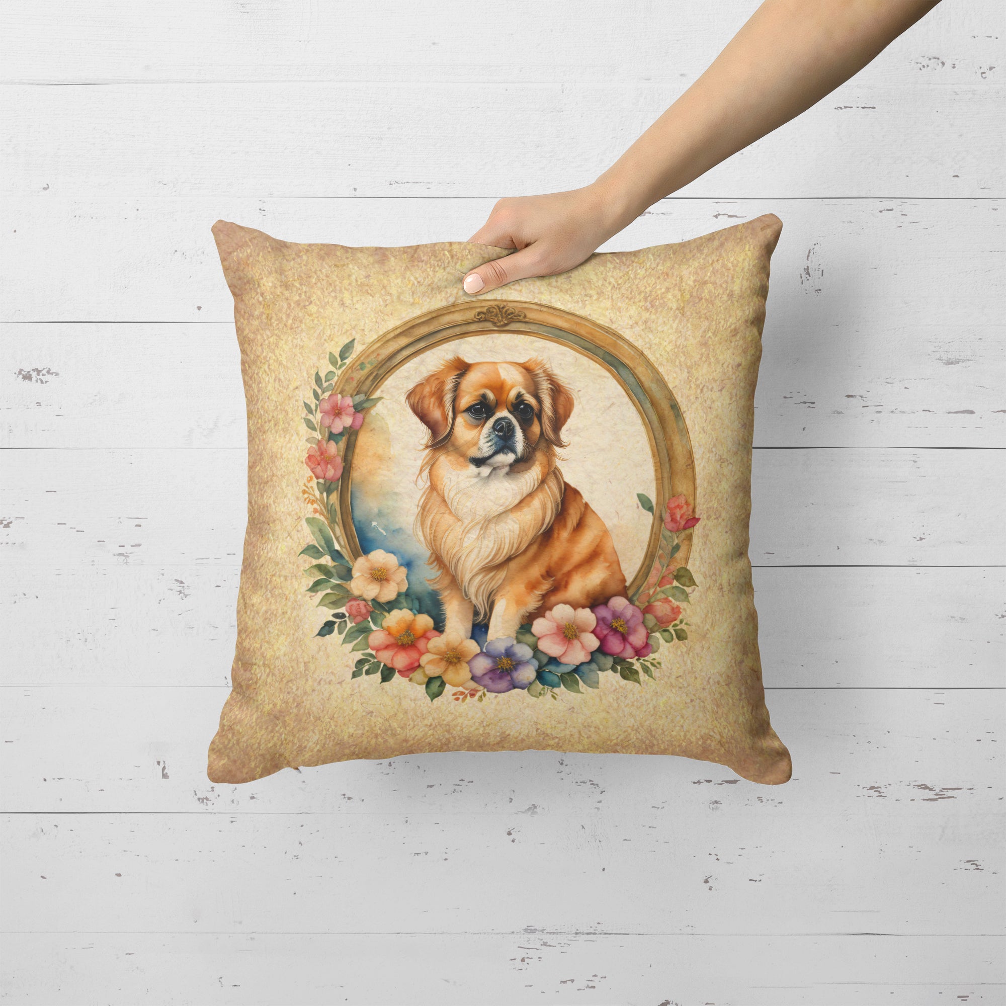 Buy this Tibetan Spaniel and Flowers Fabric Decorative Pillow