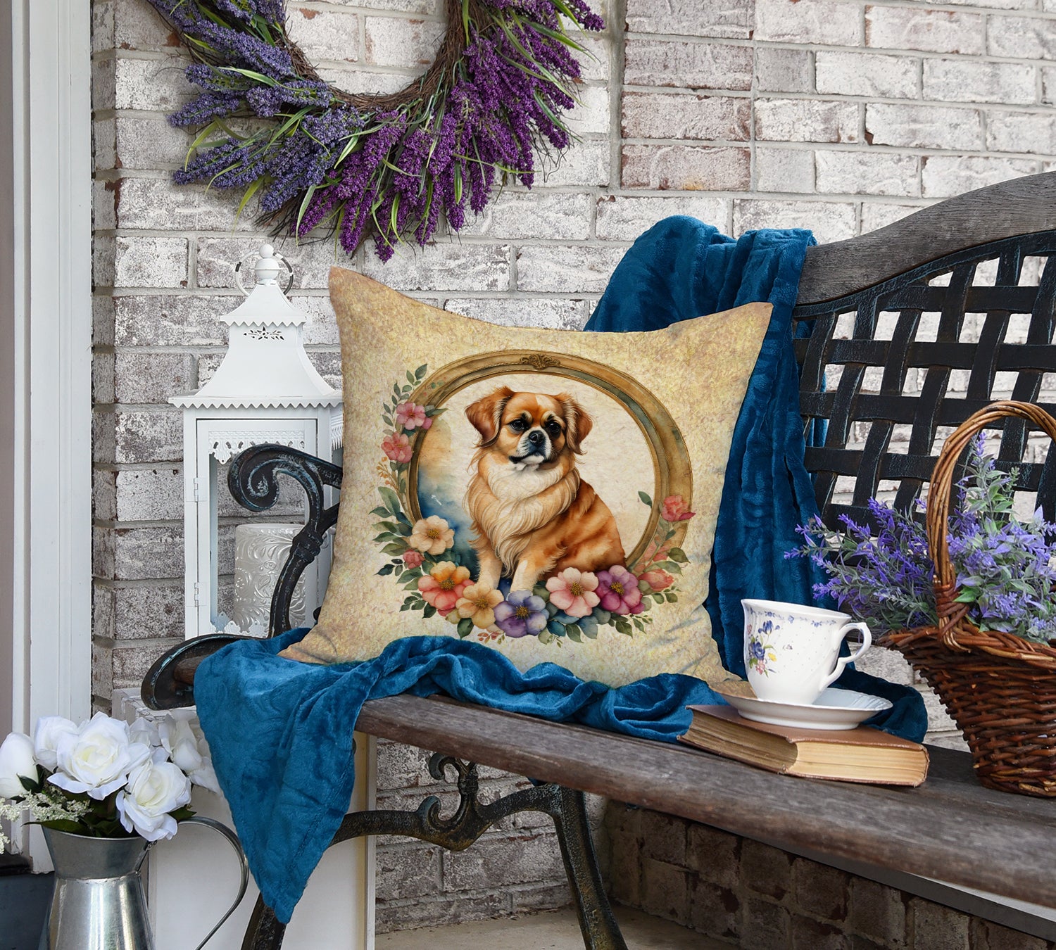 Tibetan Spaniel and Flowers Fabric Decorative Pillow