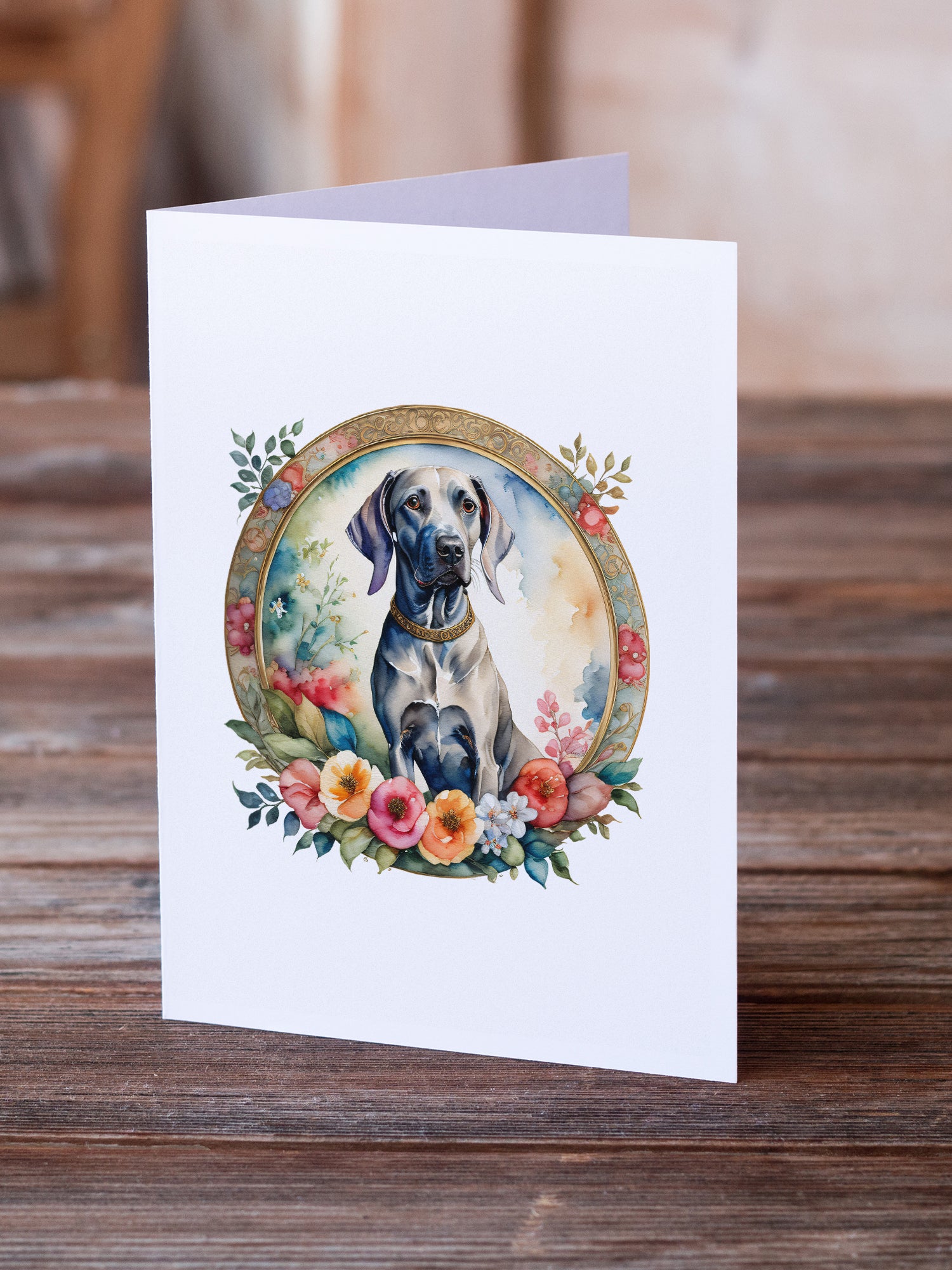Weimaraner and Flowers Greeting Cards and Envelopes Pack of 8