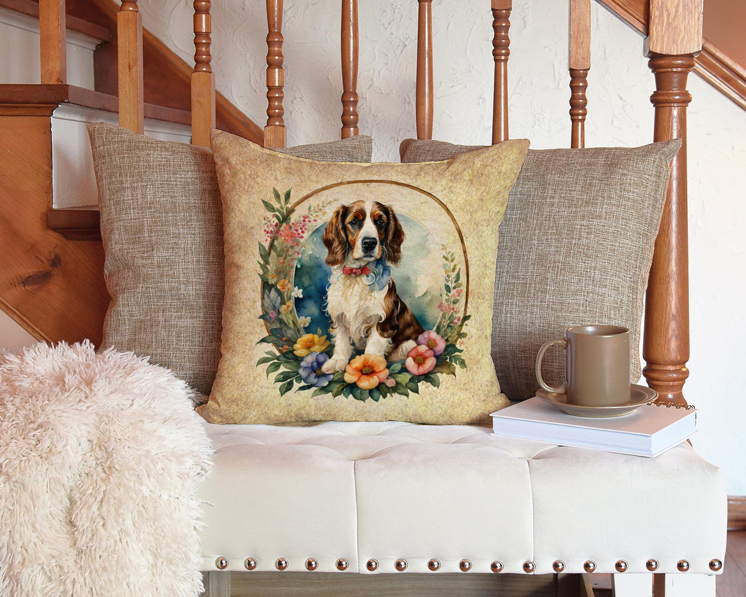 Welsh Springer Spaniel and Flowers Fabric Decorative Pillow