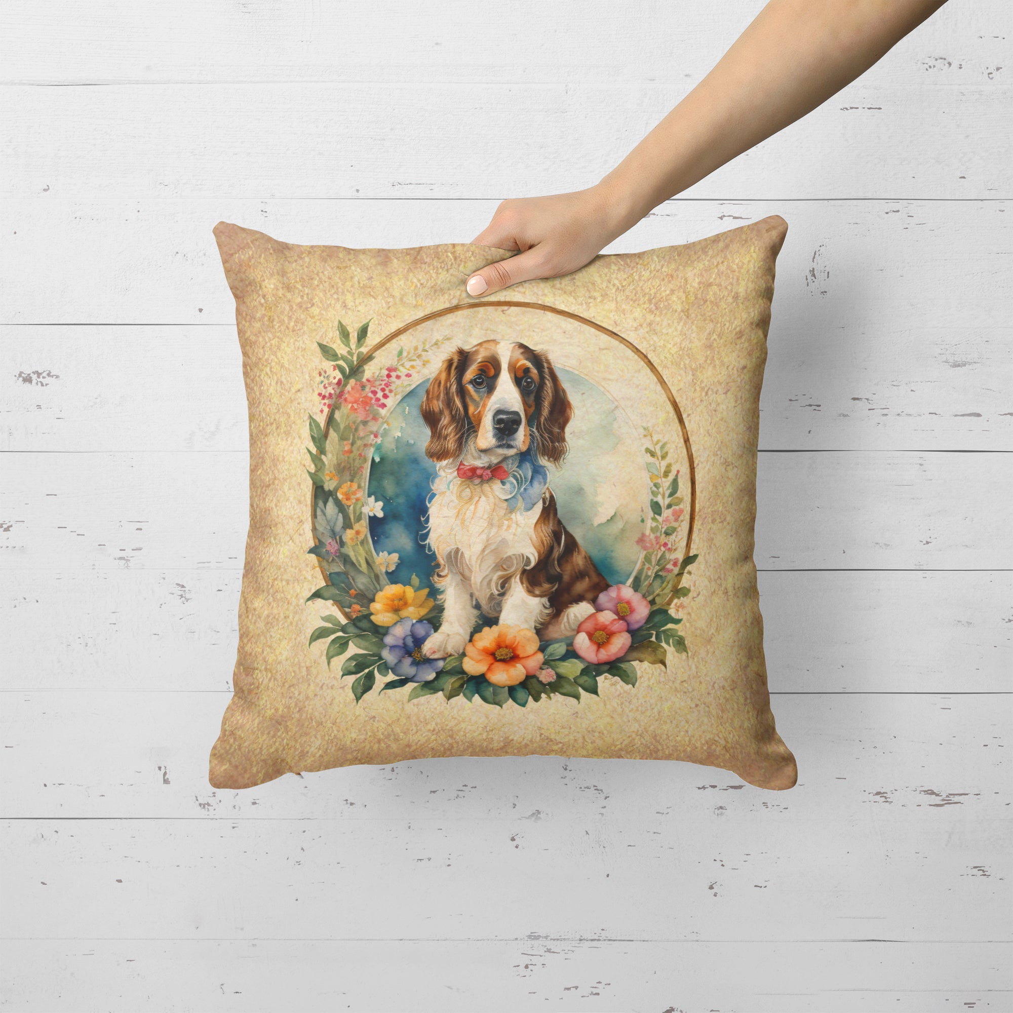 Welsh Springer Spaniel and Flowers Fabric Decorative Pillow