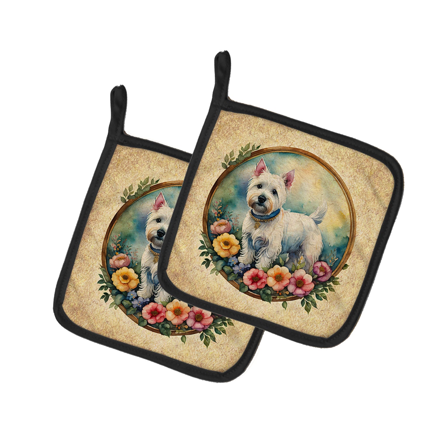 Buy this Westie and Flowers Pair of Pot Holders