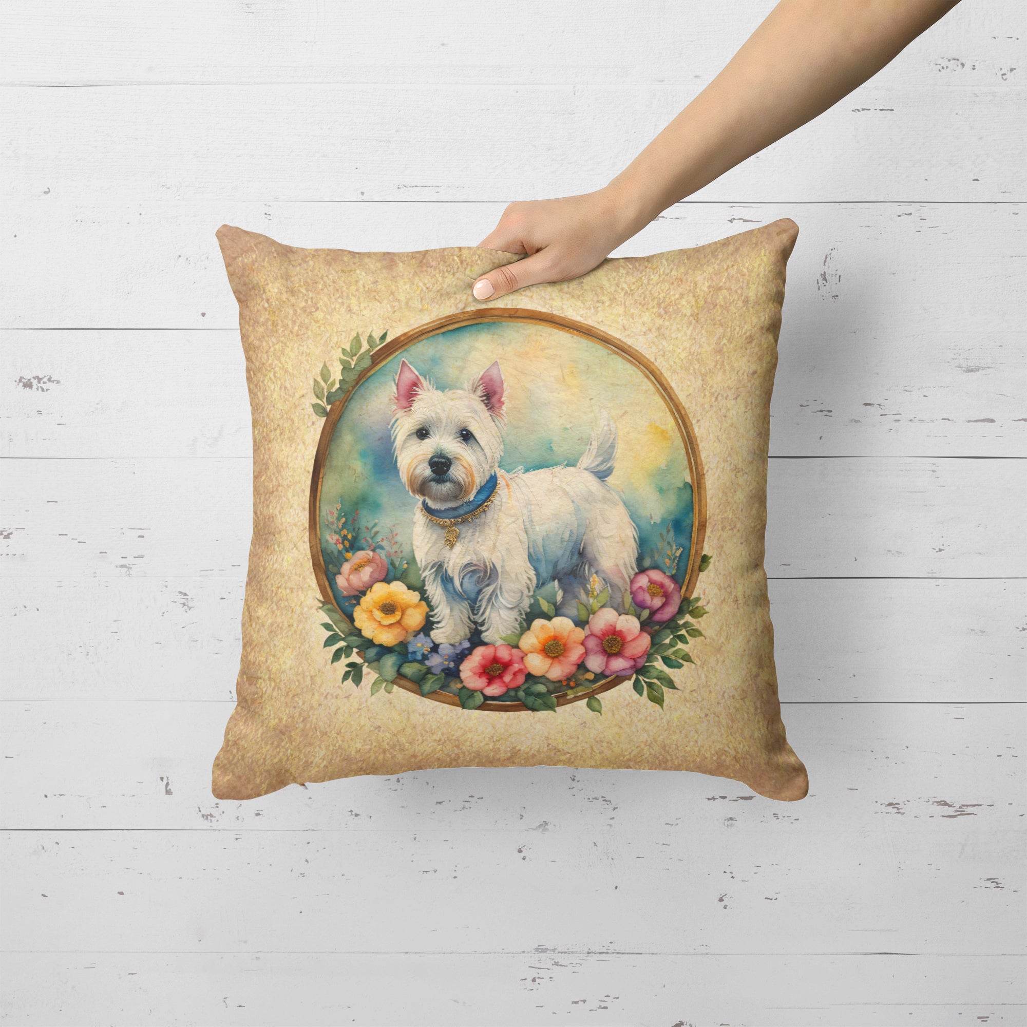 Westie and Flowers Fabric Decorative Pillow