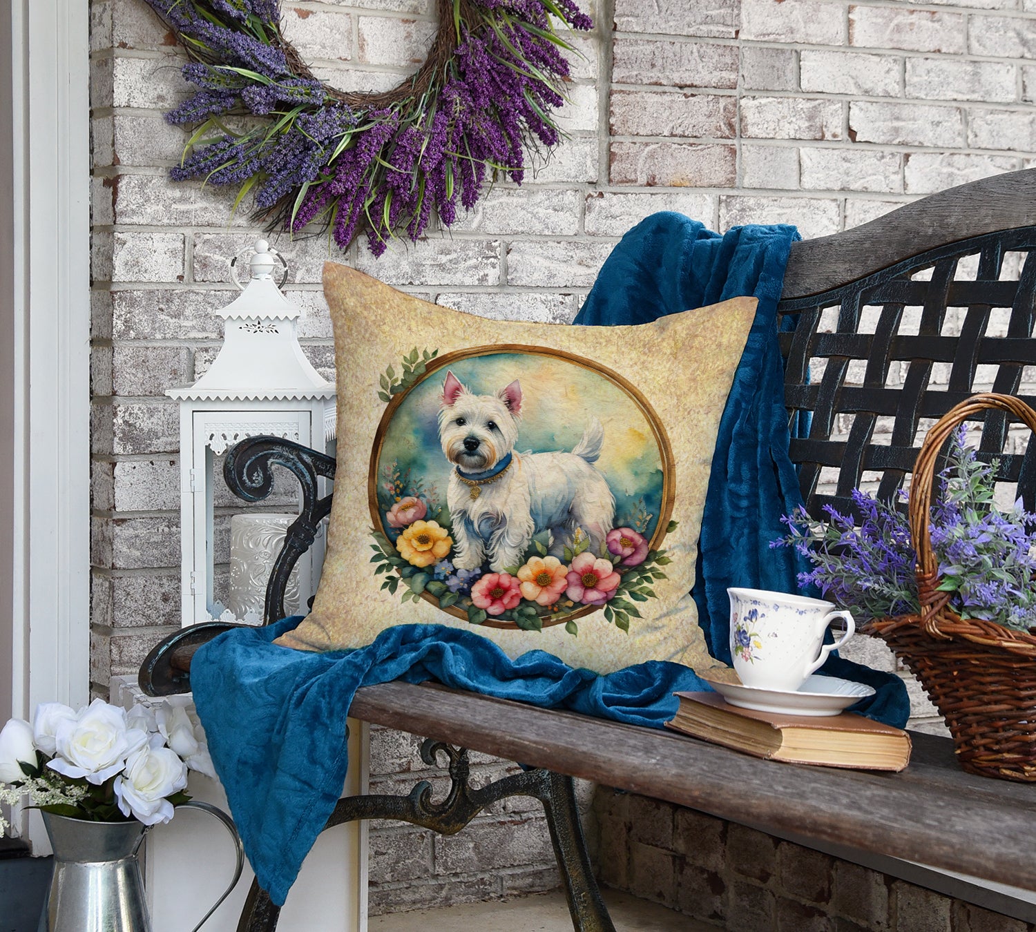 Westie and Flowers Fabric Decorative Pillow