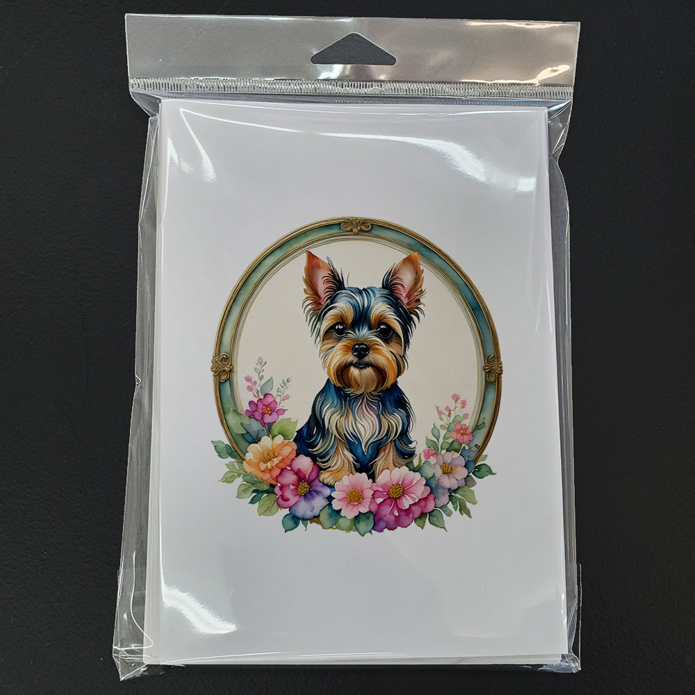 Yorkshire Terrier and Flowers Greeting Cards and Envelopes Pack of 8