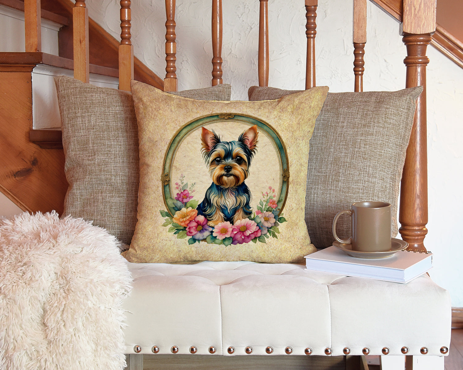 Yorkshire Terrier and Flowers Fabric Decorative Pillow