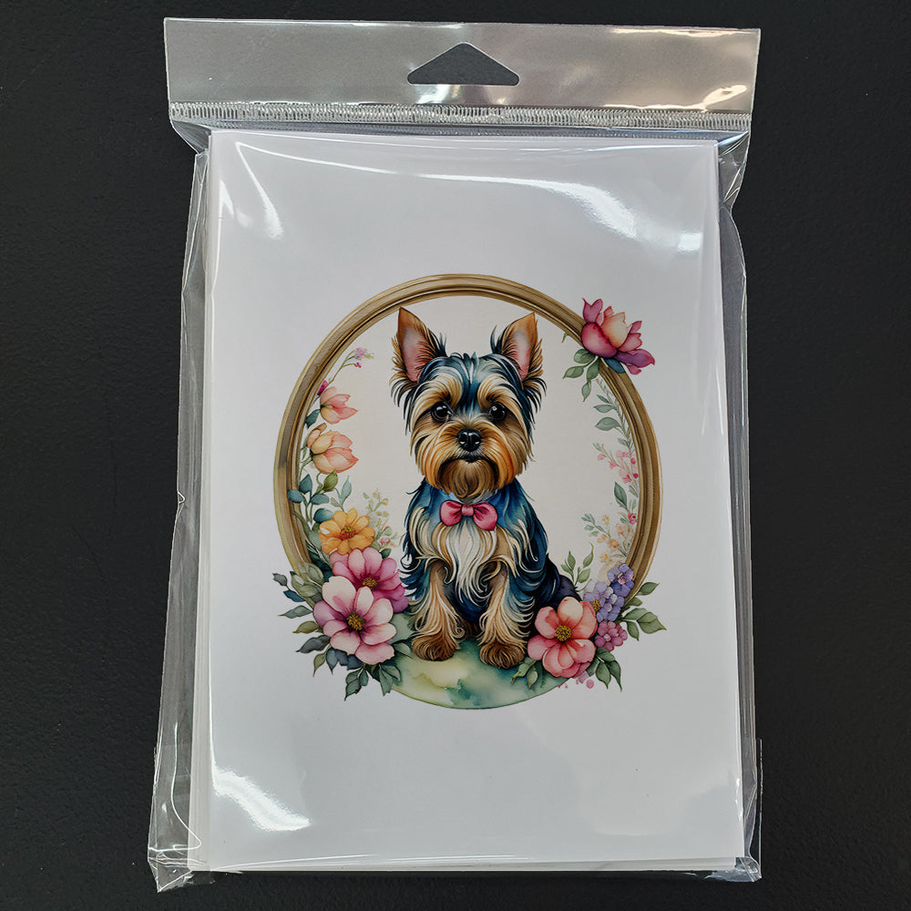 Yorkshire Terrier and Flowers Greeting Cards and Envelopes Pack of 8