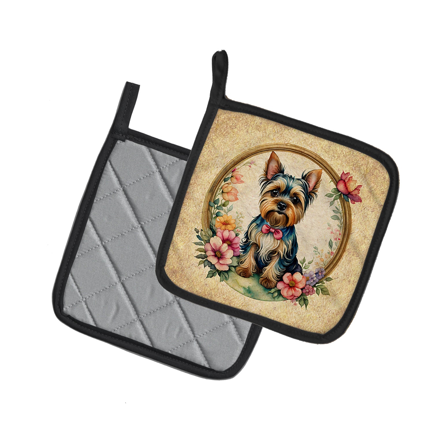 Yorkshire Terrier and Flowers Pair of Pot Holders