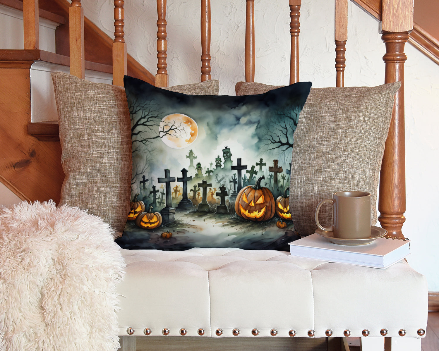 Graveyard Spooky Halloween Fabric Decorative Pillow
