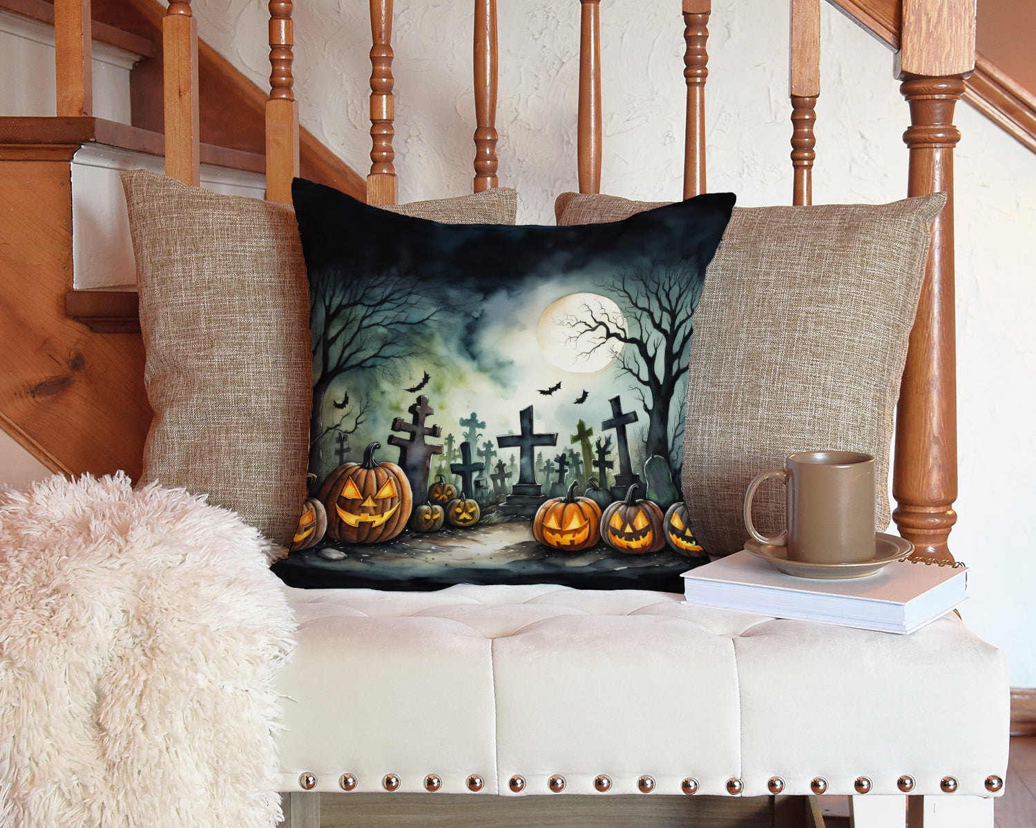 Graveyard Spooky Halloween Fabric Decorative Pillow