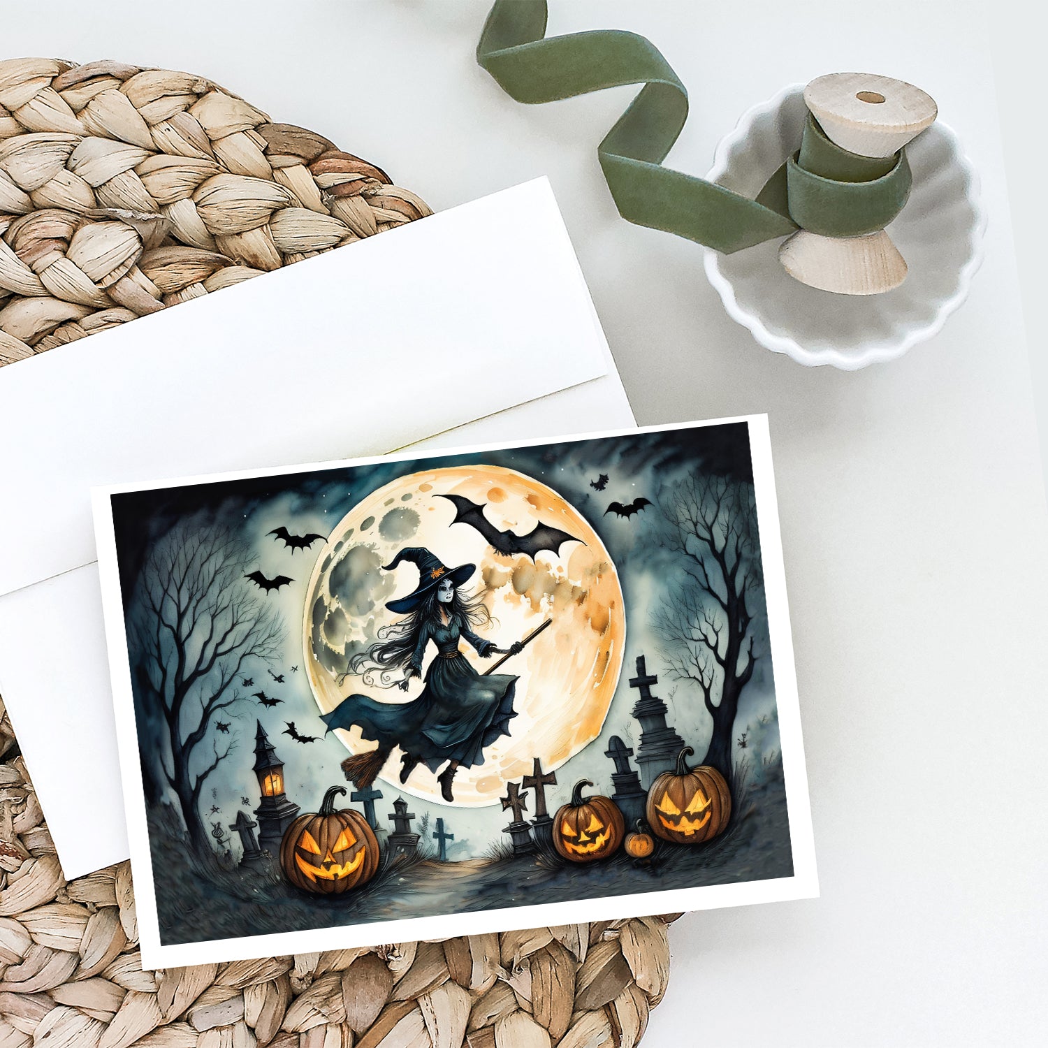 Buy this Flying Witch Spooky Halloween Greeting Cards and Envelopes Pack of 8