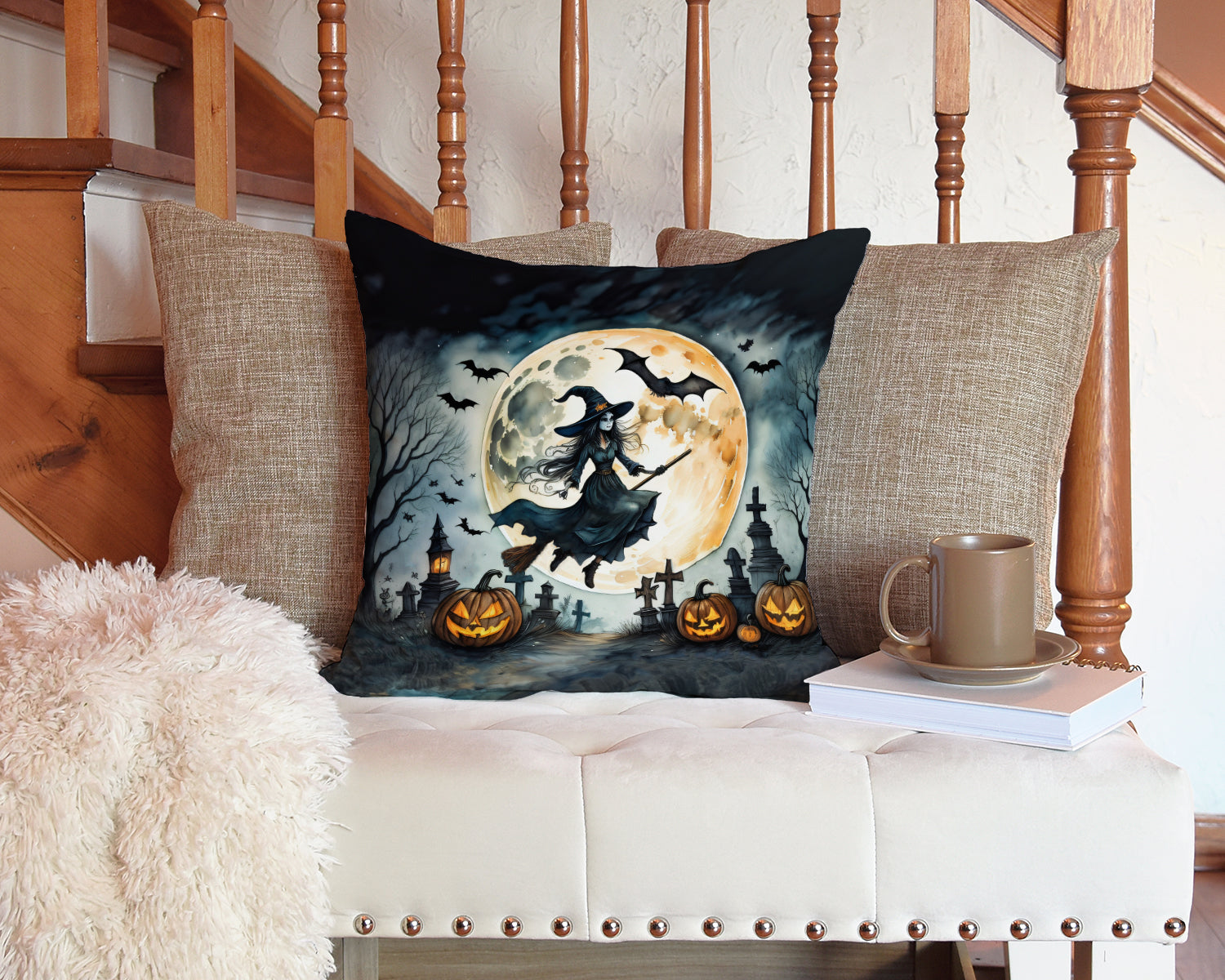 Flying Witch Spooky Halloween Fabric Decorative Pillow