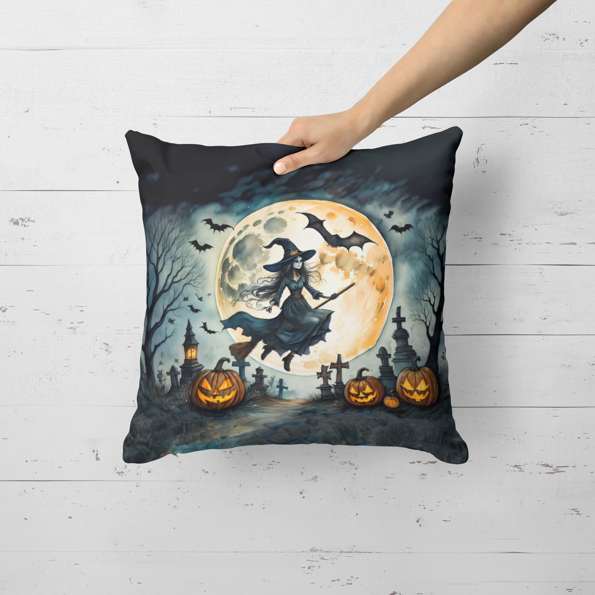 Flying Witch Spooky Halloween Fabric Decorative Pillow