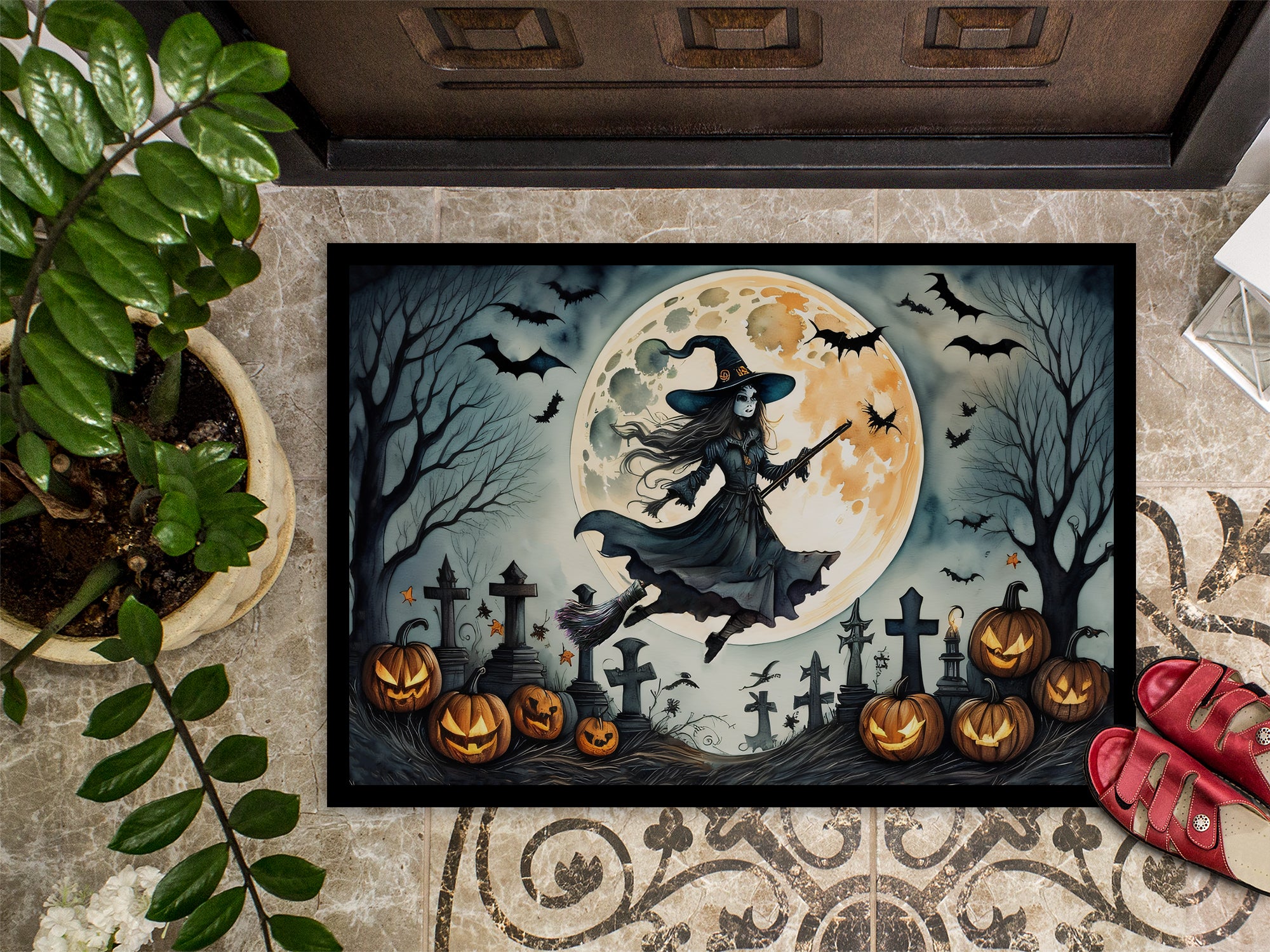 Flying Witch Spooky Halloween Doormat 18x27