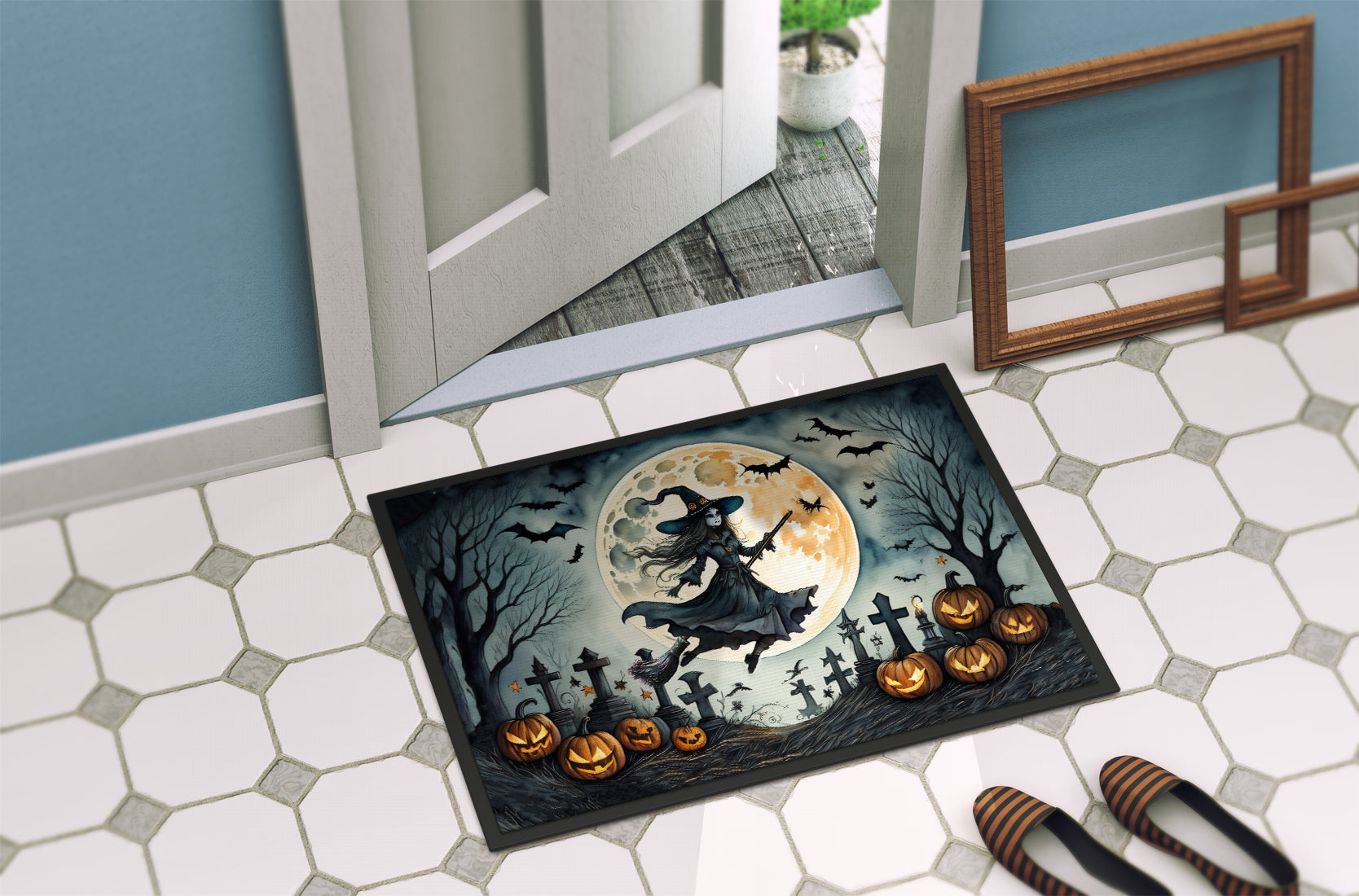 Flying Witch Spooky Halloween Doormat 18x27