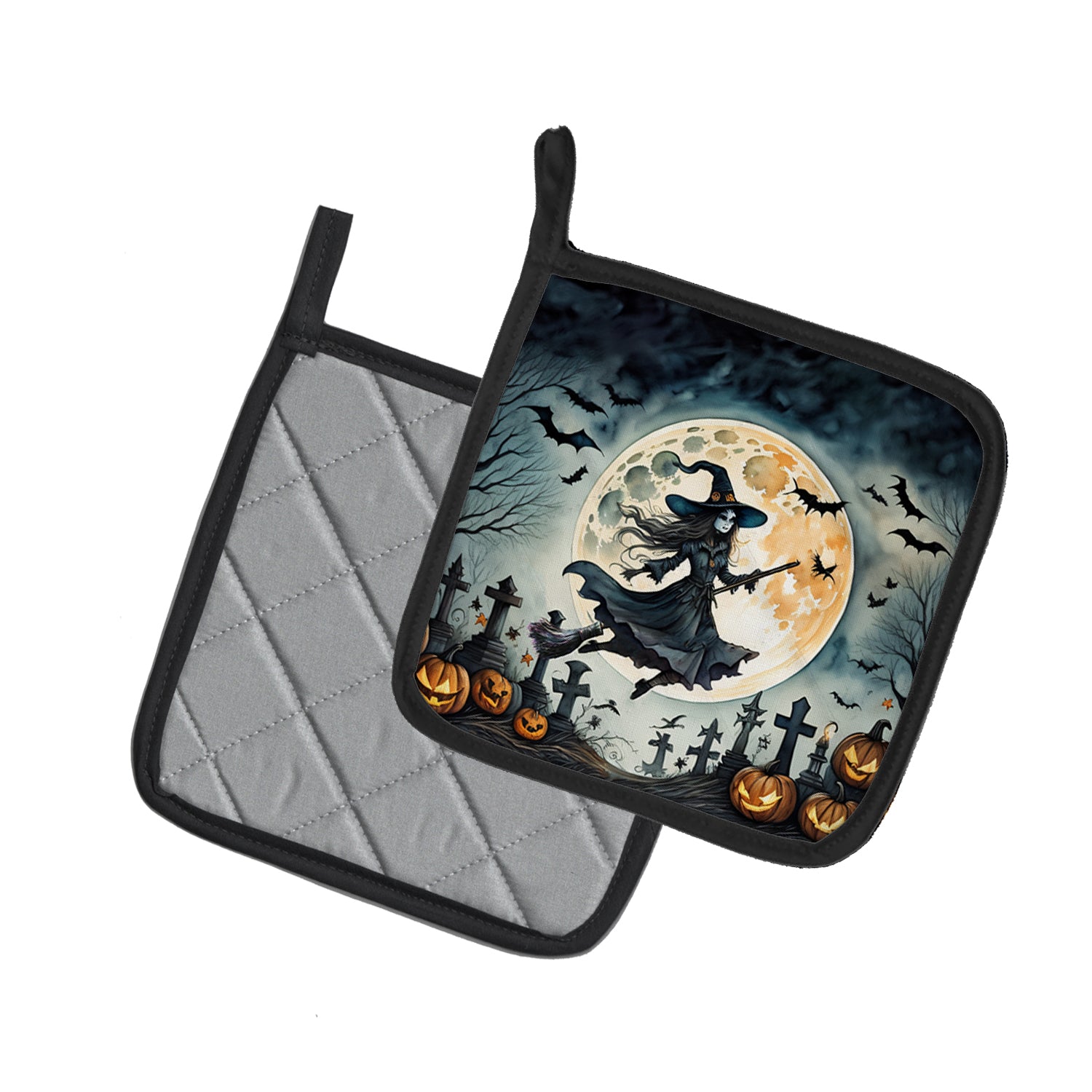Flying Witch Spooky Halloween Pair of Pot Holders