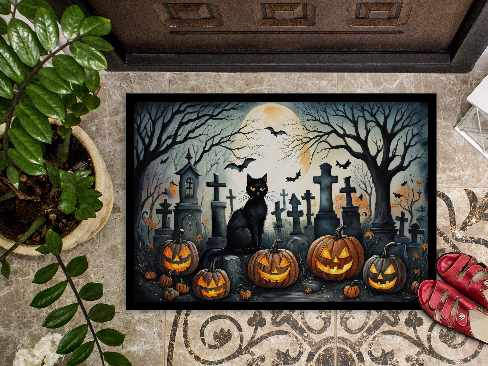 Black Cat Spooky Halloween Indoor or Outdoor Mat 24x36