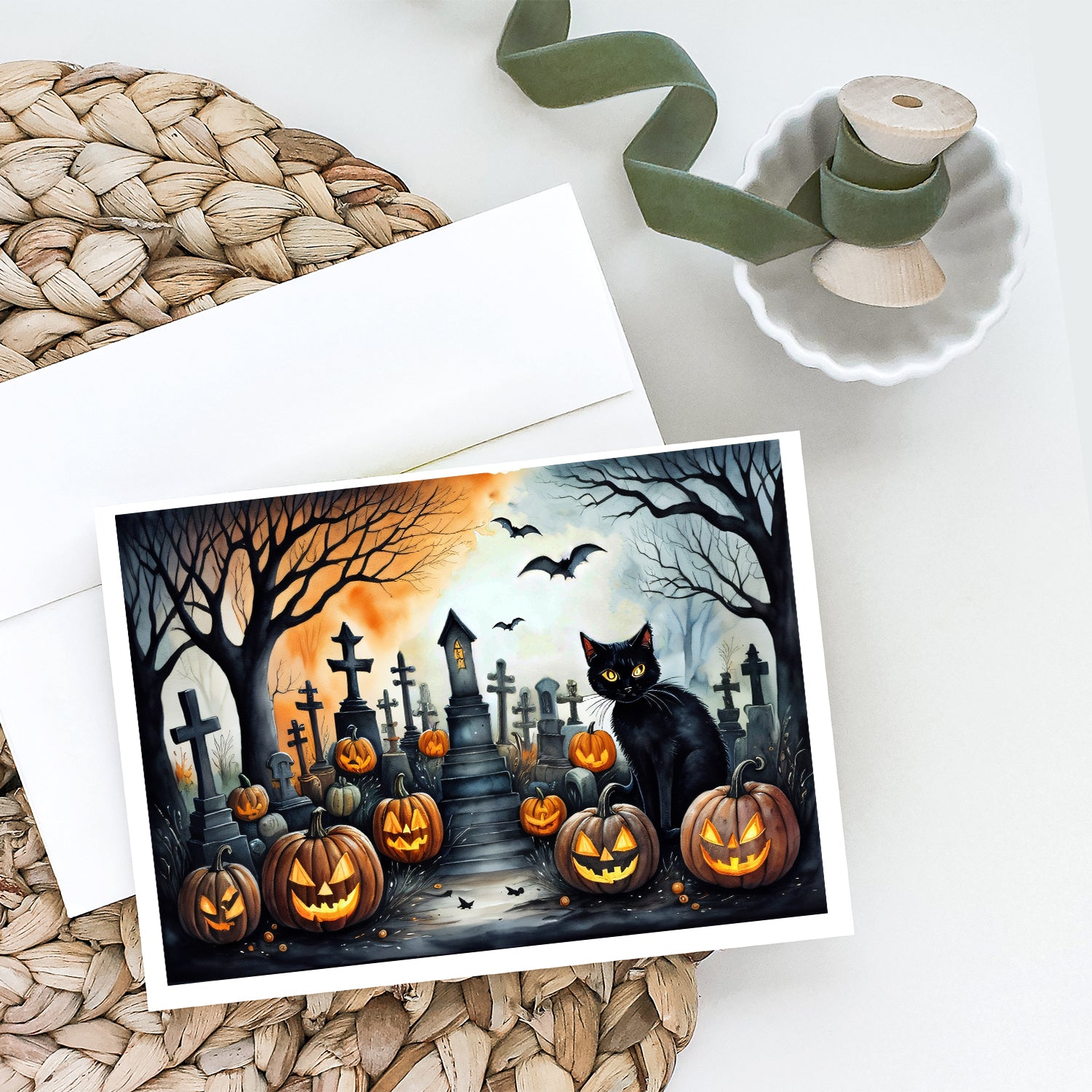 Buy this Black Cat Spooky Halloween Greeting Cards and Envelopes Pack of 8