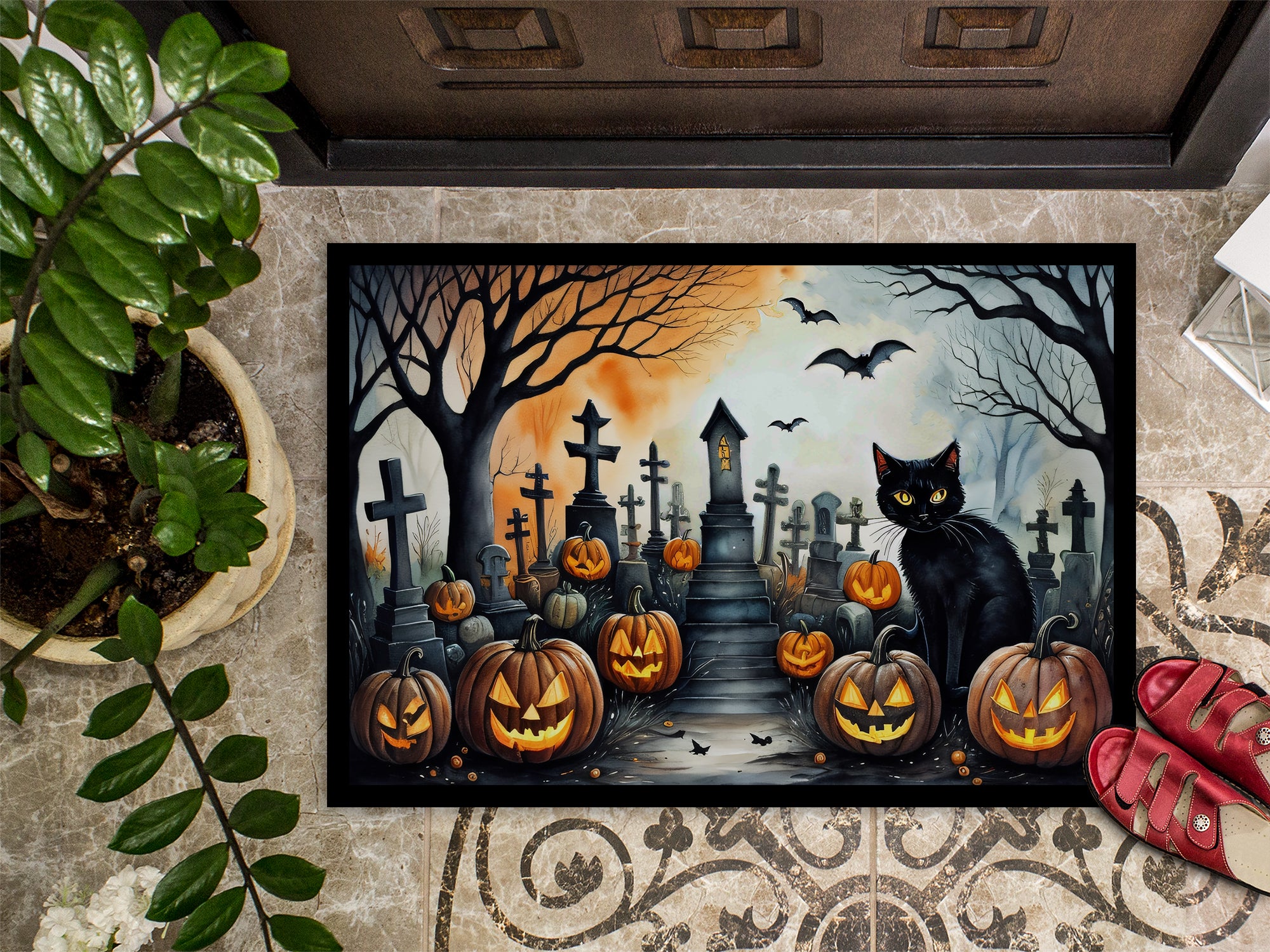 Black Cat Spooky Halloween Indoor or Outdoor Mat 24x36