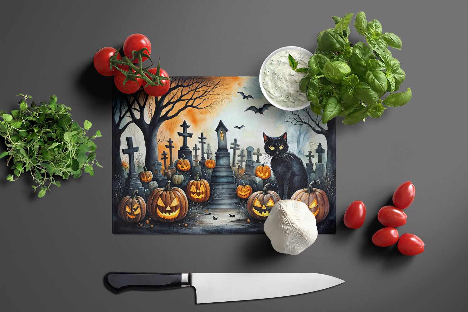 Black Cat Spooky Halloween Glass Cutting Board Large