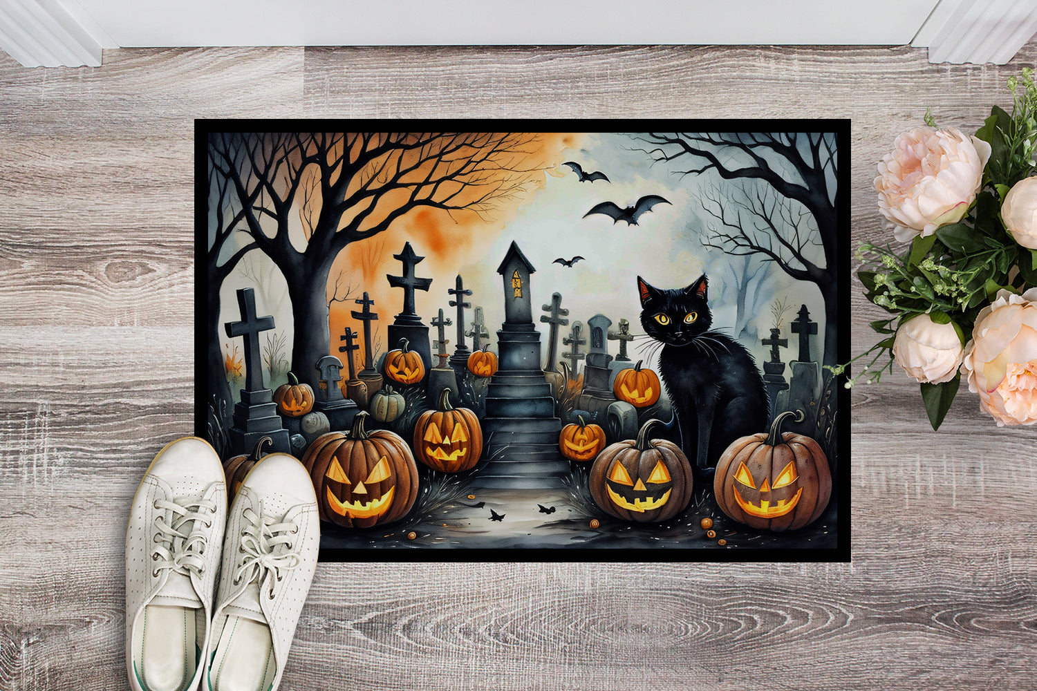 Black Cat Spooky Halloween Doormat 18x27