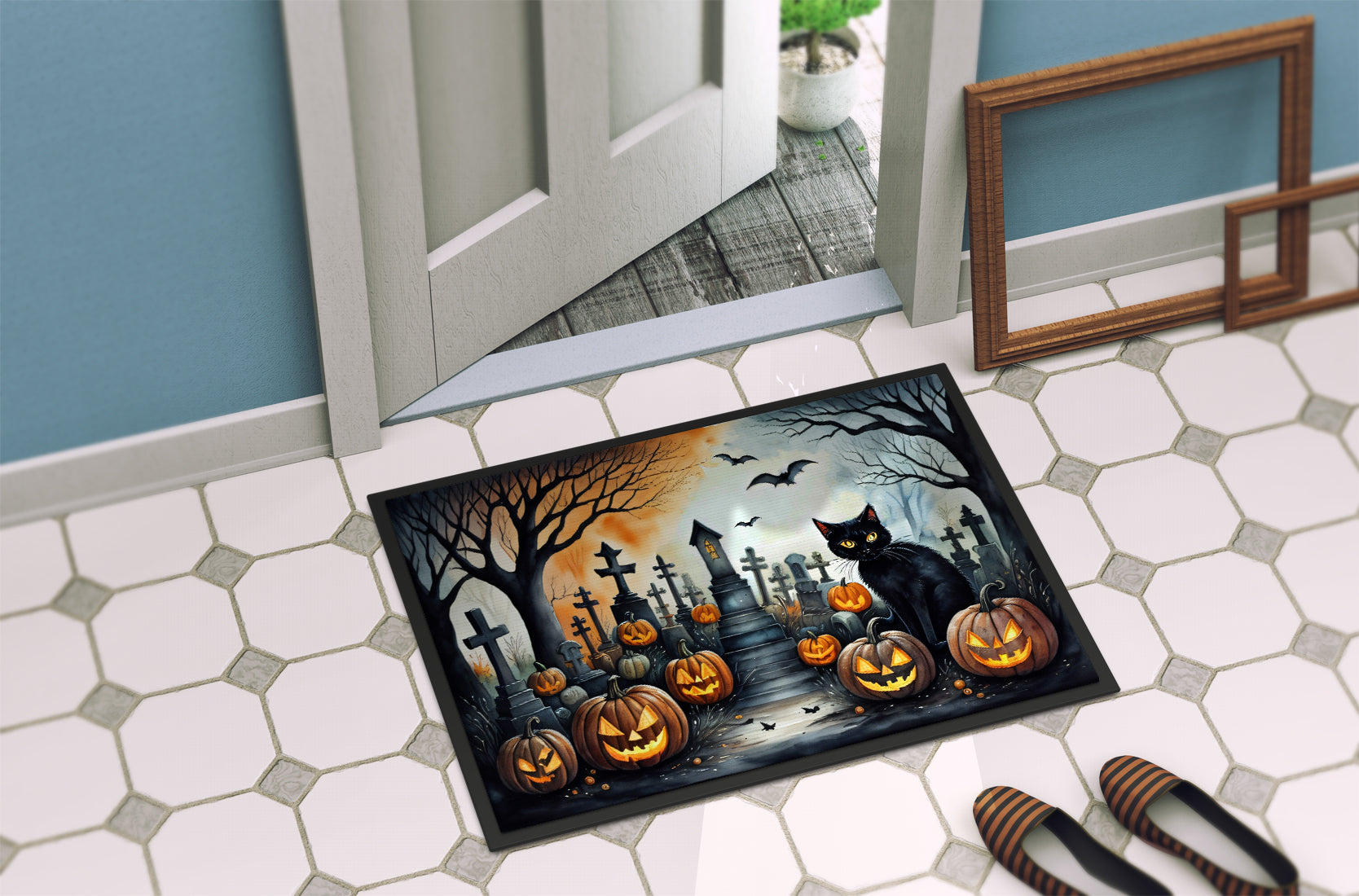 Black Cat Spooky Halloween Doormat 18x27
