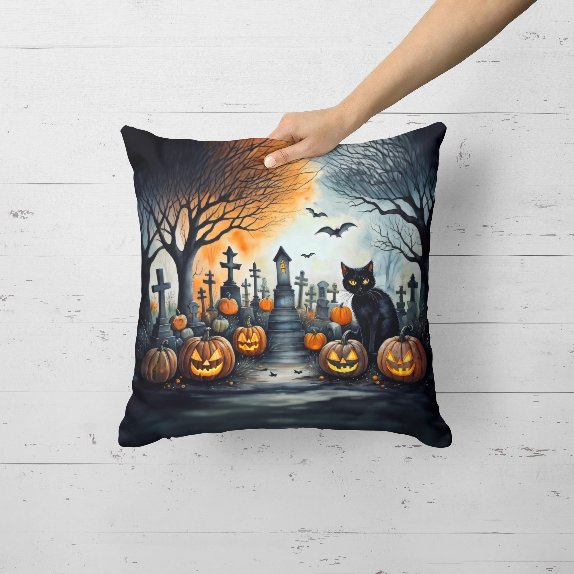 Black Cat Spooky Halloween Fabric Decorative Pillow