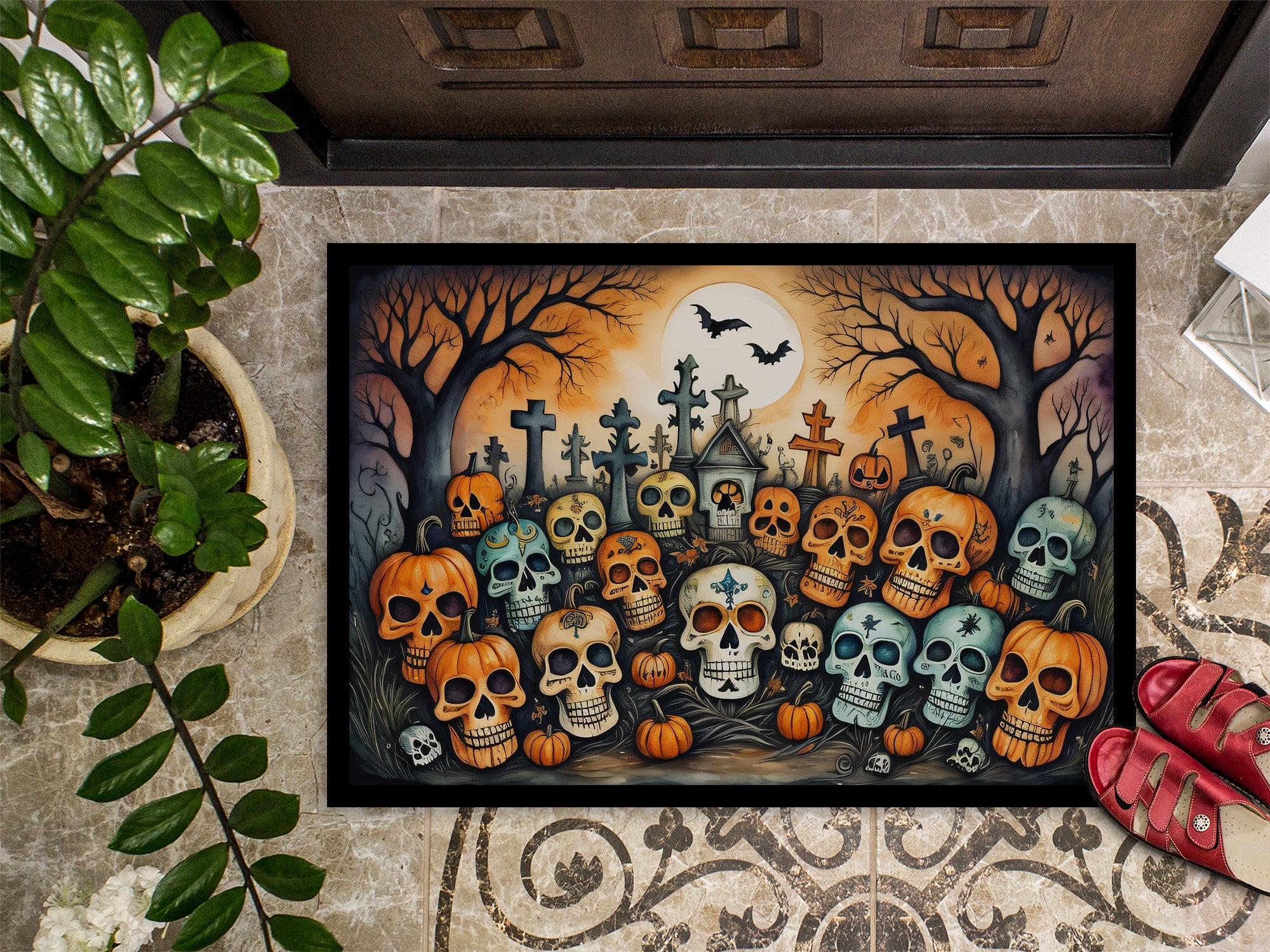 Calaveras Sugar Skulls Spooky Halloween Doormat 18x27